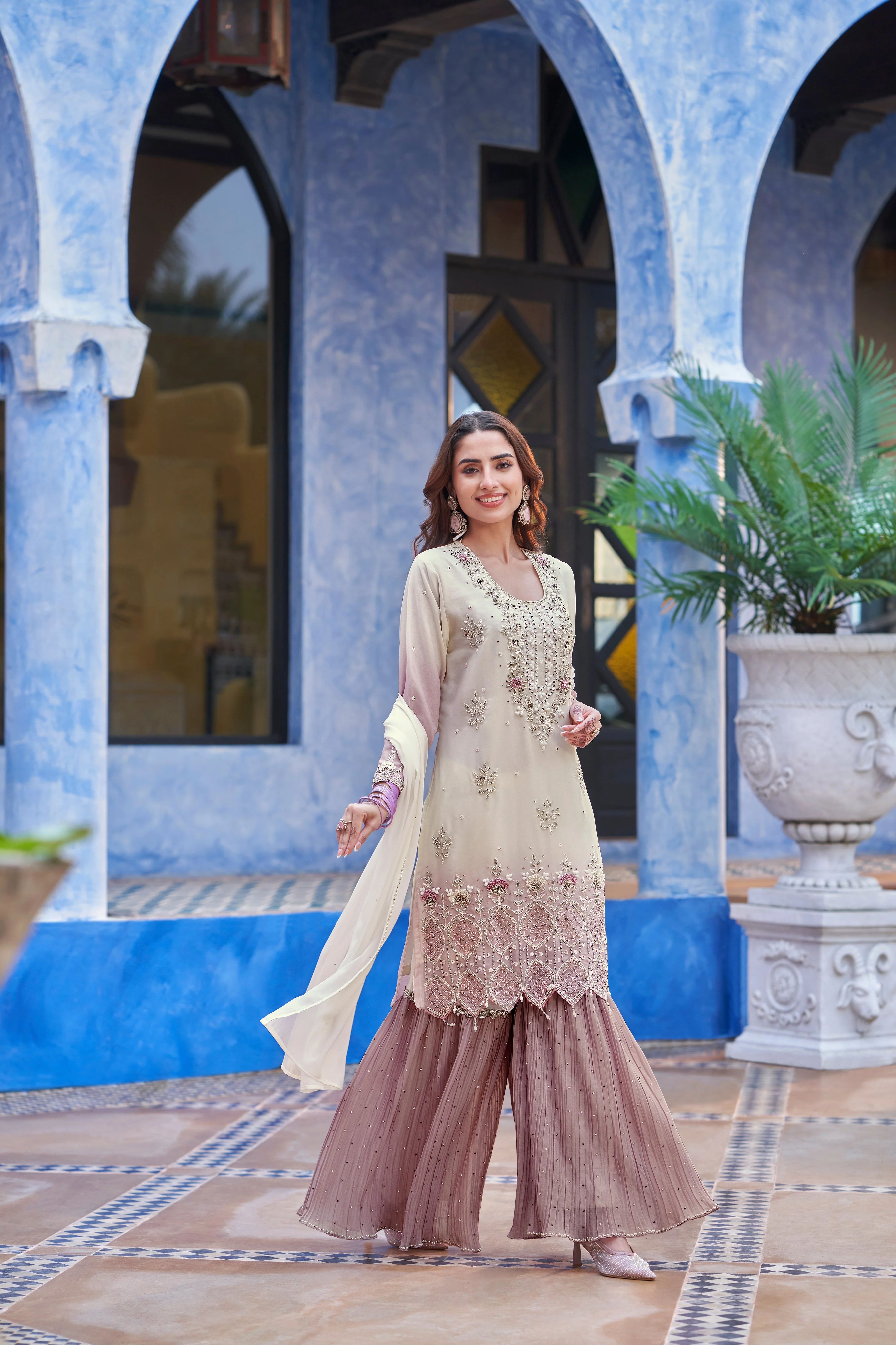Light Mauve Embellished Shimmer Tissue Sharara Set