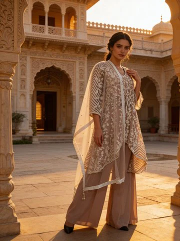 Light Peach Embroidered Georgette Silk Palazzo Set