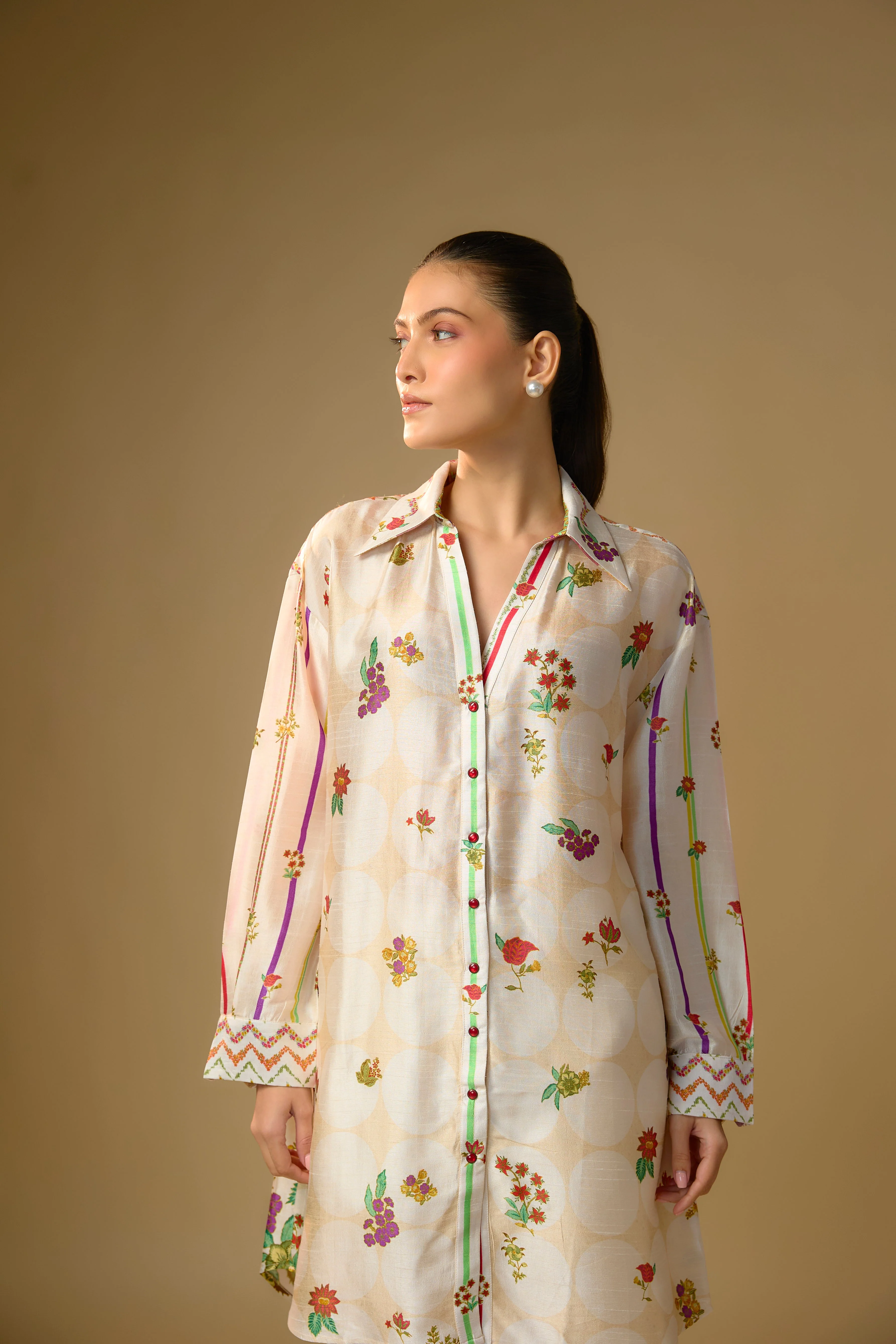 Ivory Printed Slub Cotton Silk Tunic Top - Image 2