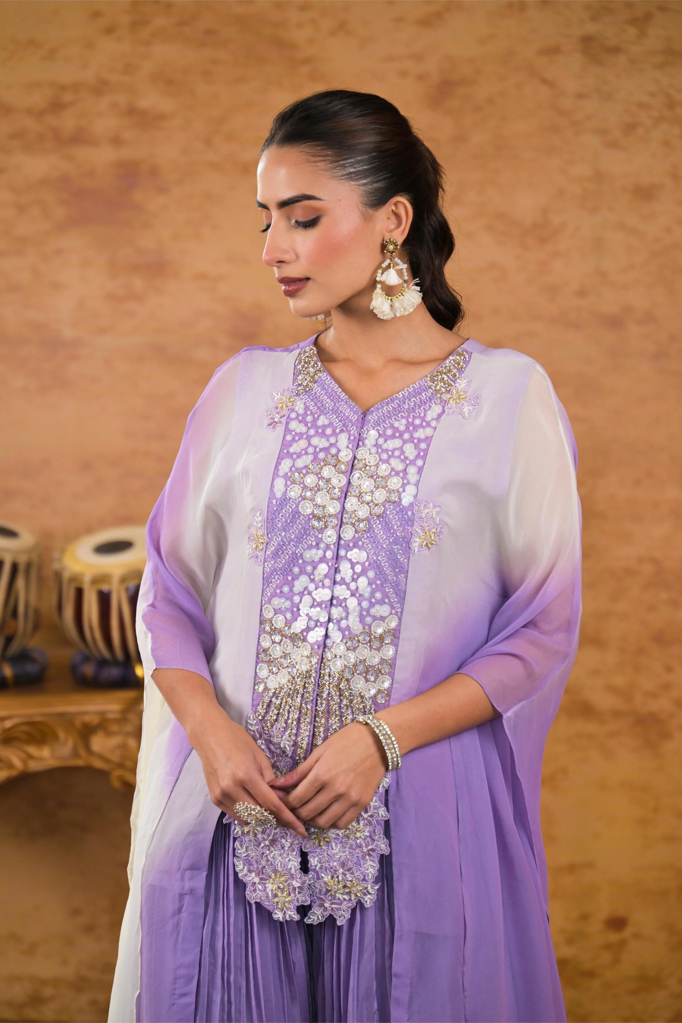 Lilac Ombre-Dyed Georgette Silk Tunic & Palazzo Set - Image 2