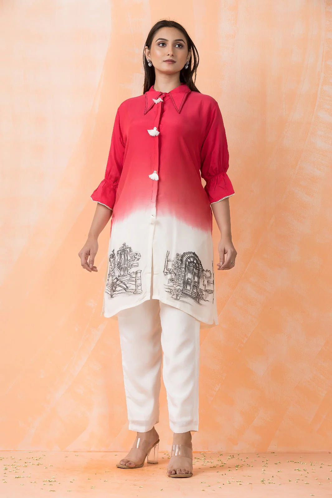 Light Red Printed Muslin silk  Co-Ord Set - Image 3