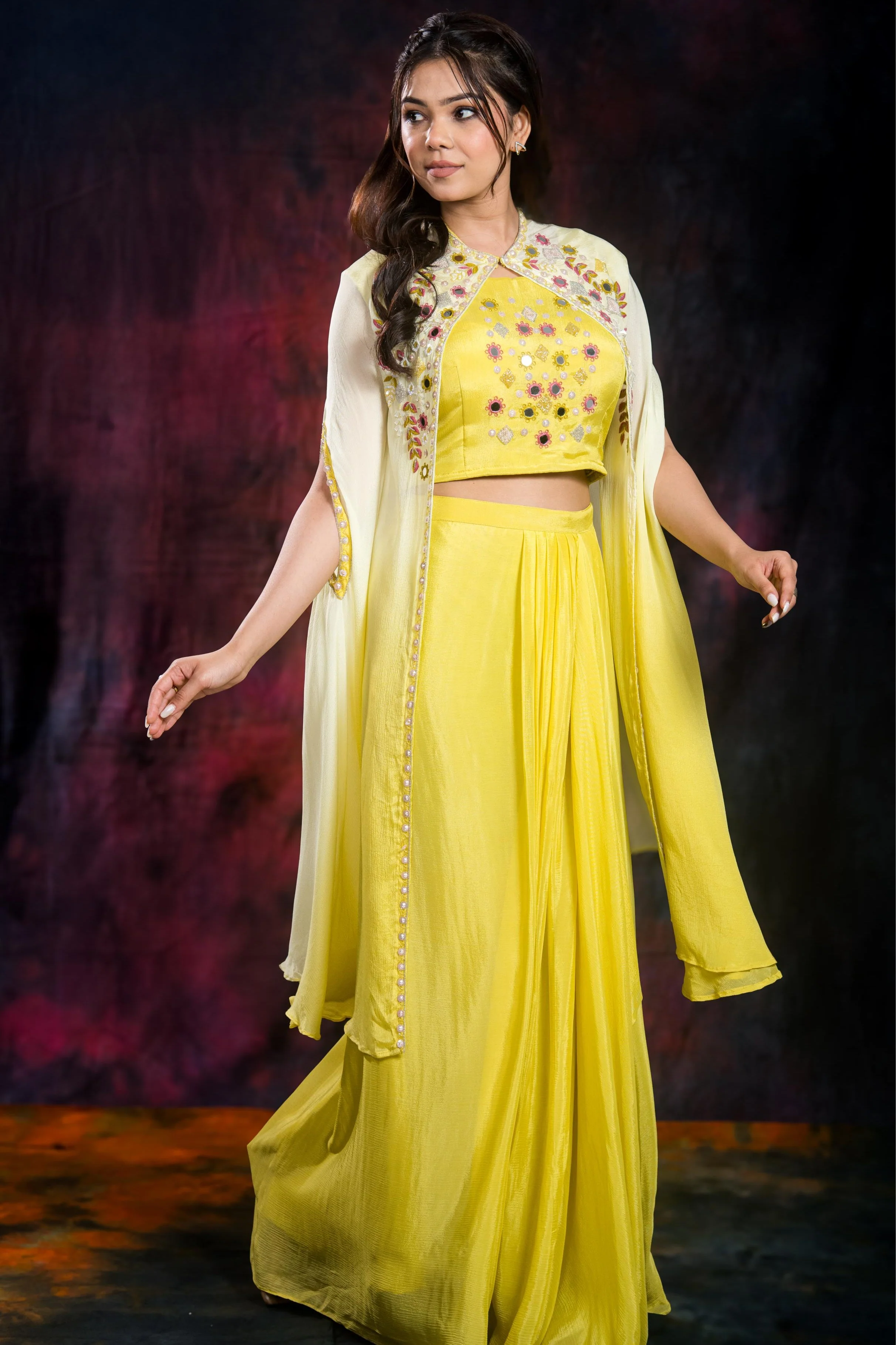 Light Yellow Chinon Silk Cape Set