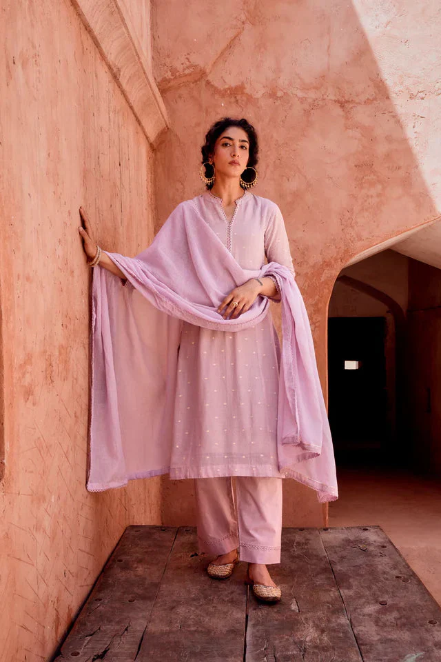 Soft Lilac Zari Dotted Mul-Cotton Pant Set