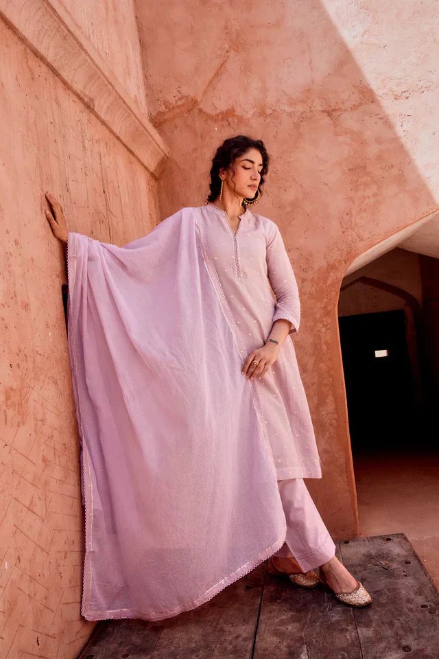 Soft Lilac Zari Dotted Mul-Cotton Pant Set - Image 4