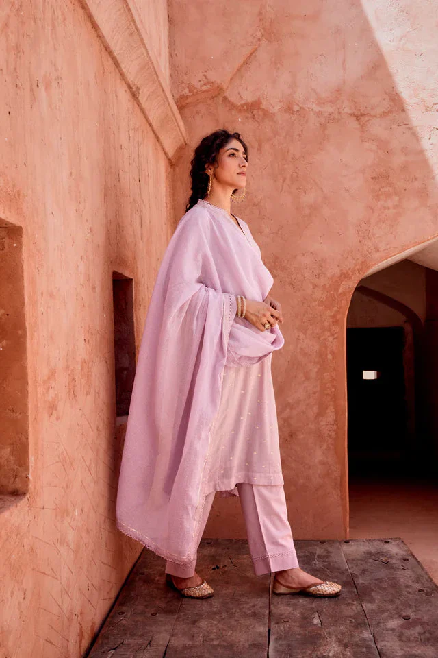 Soft Lilac Zari Dotted Mul-Cotton Pant Set - Image 5