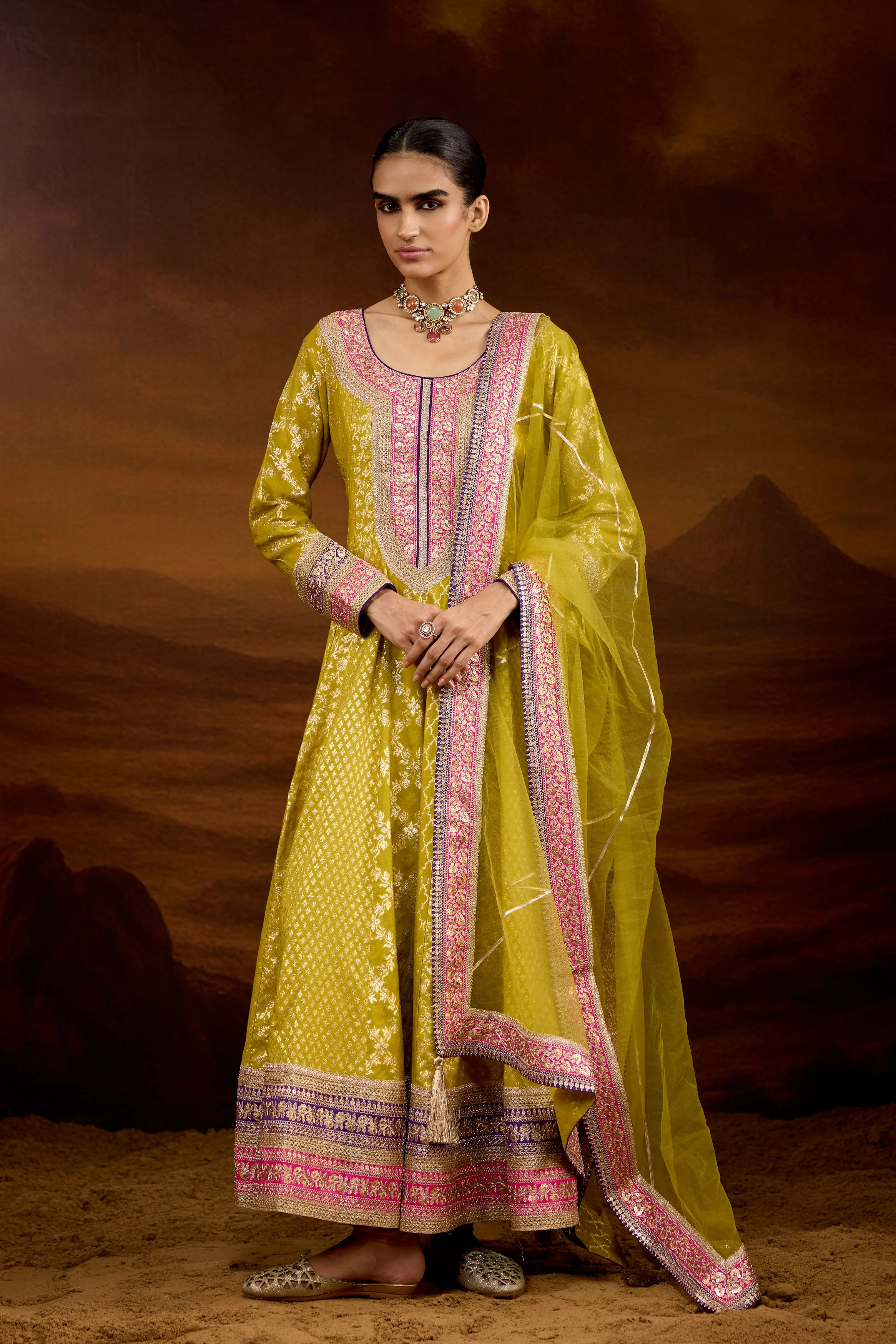Lime Green Embellished Brocade Silk Anarkali Set