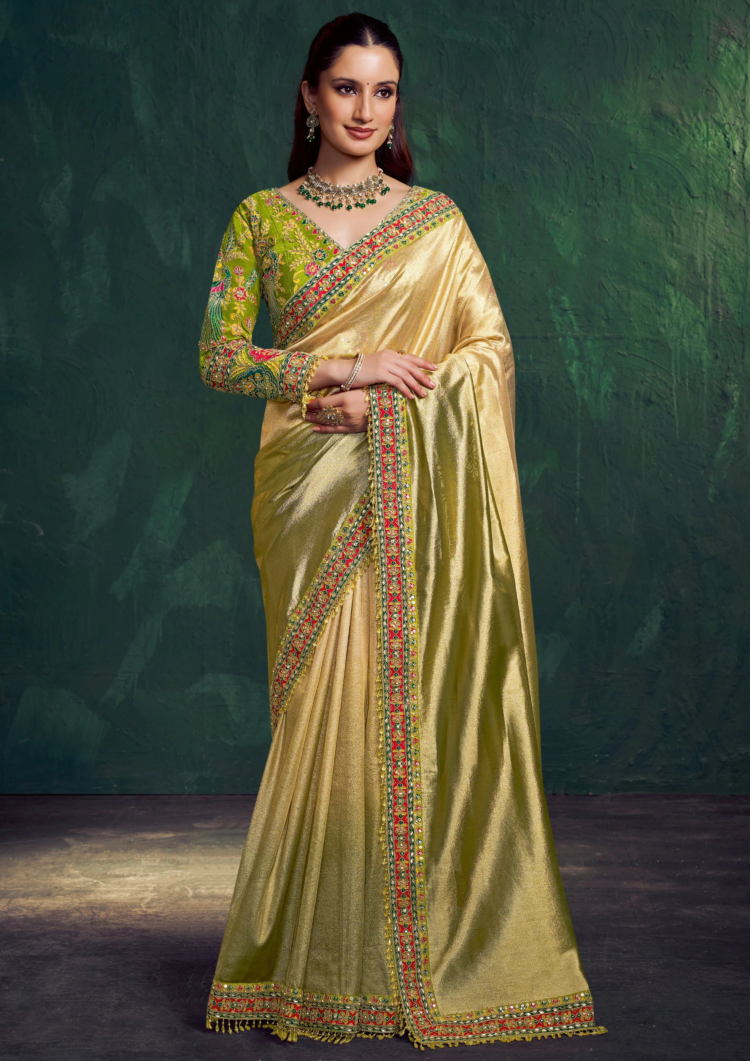 Sunglow Green Embroidered Shimmer Tissue Silk Saree