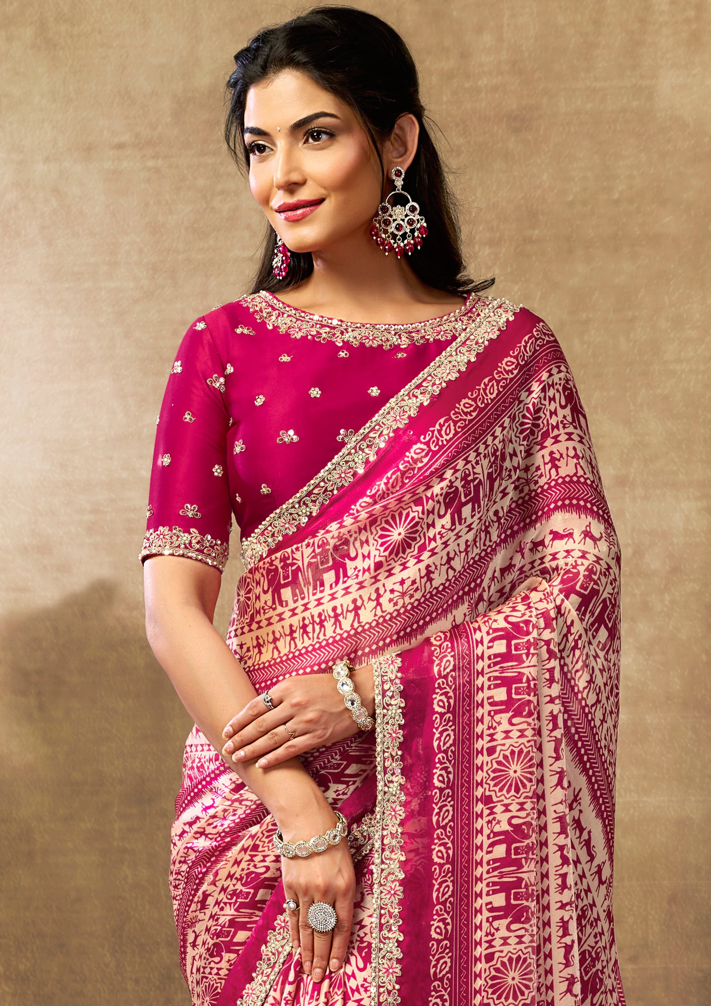Magenta Heritage Embellished Satin Silk Saree - Image 3