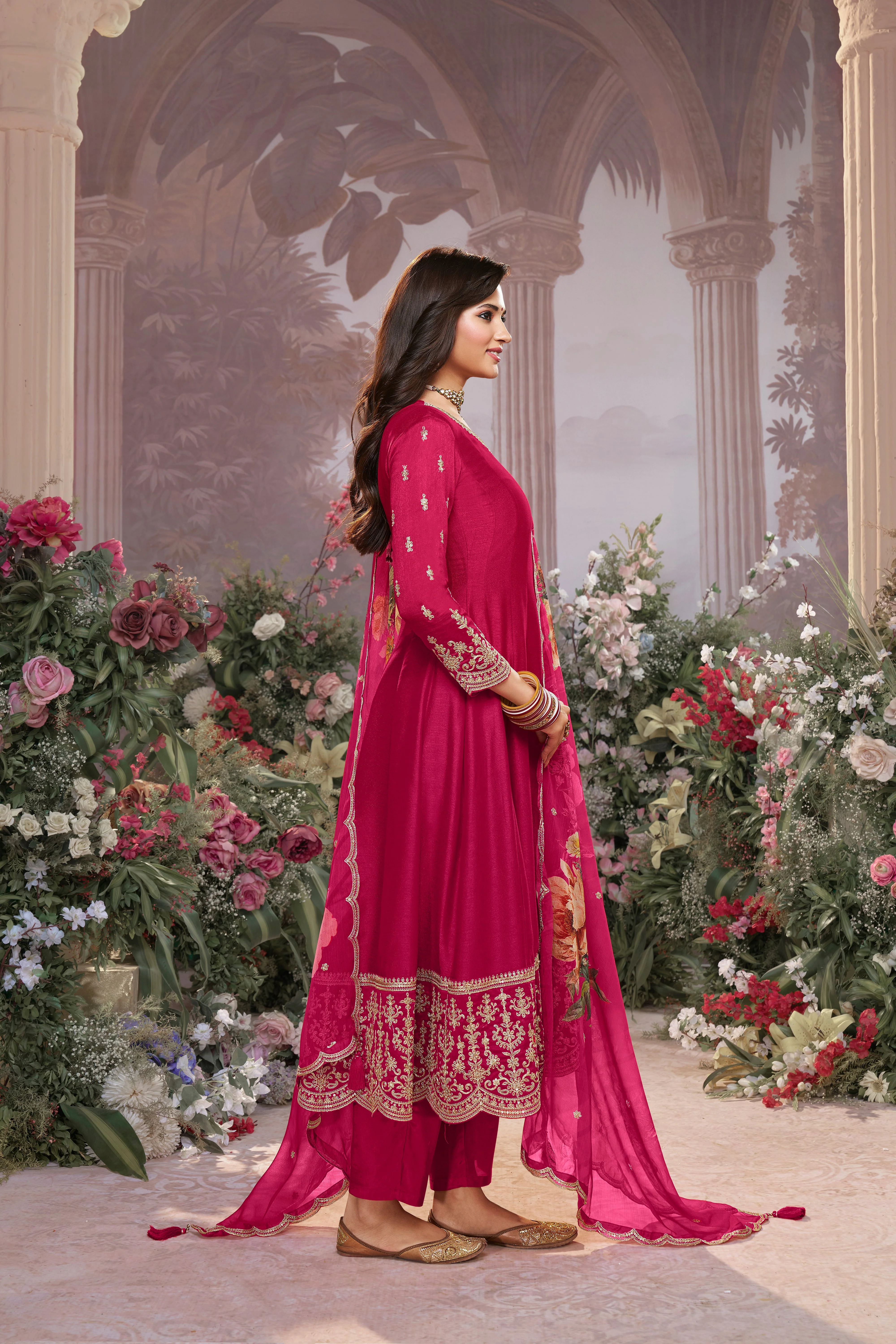 Rani Pink Embellished Raw Silk Anarkali Set - Image 6