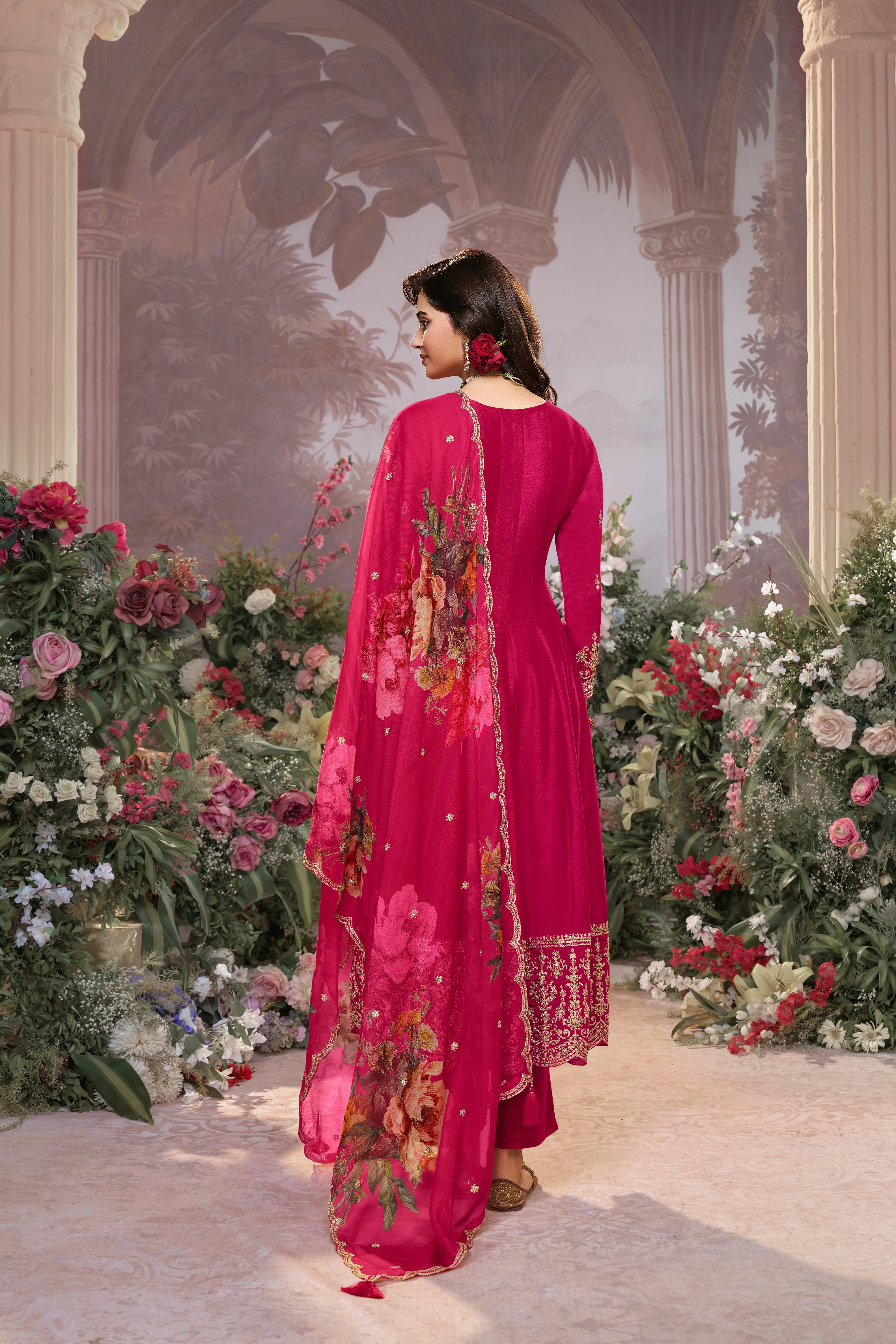 Rani Pink Embellished Raw Silk Anarkali Set - Image 7