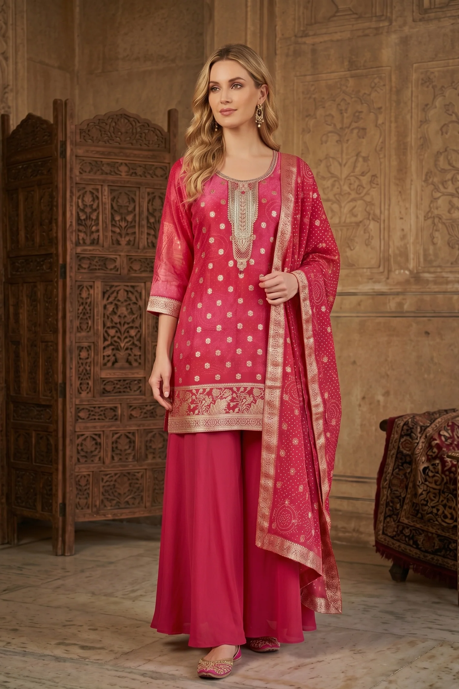 Magenta Pink Organza Silk Palazzo Set