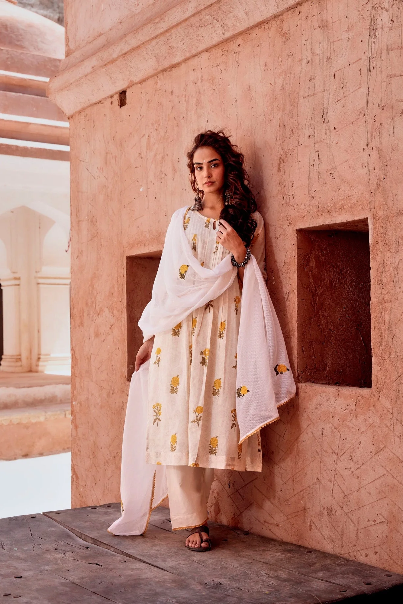 Marigold Blossom Off-White Printed Mul-Cotton Pant Set - Image 4