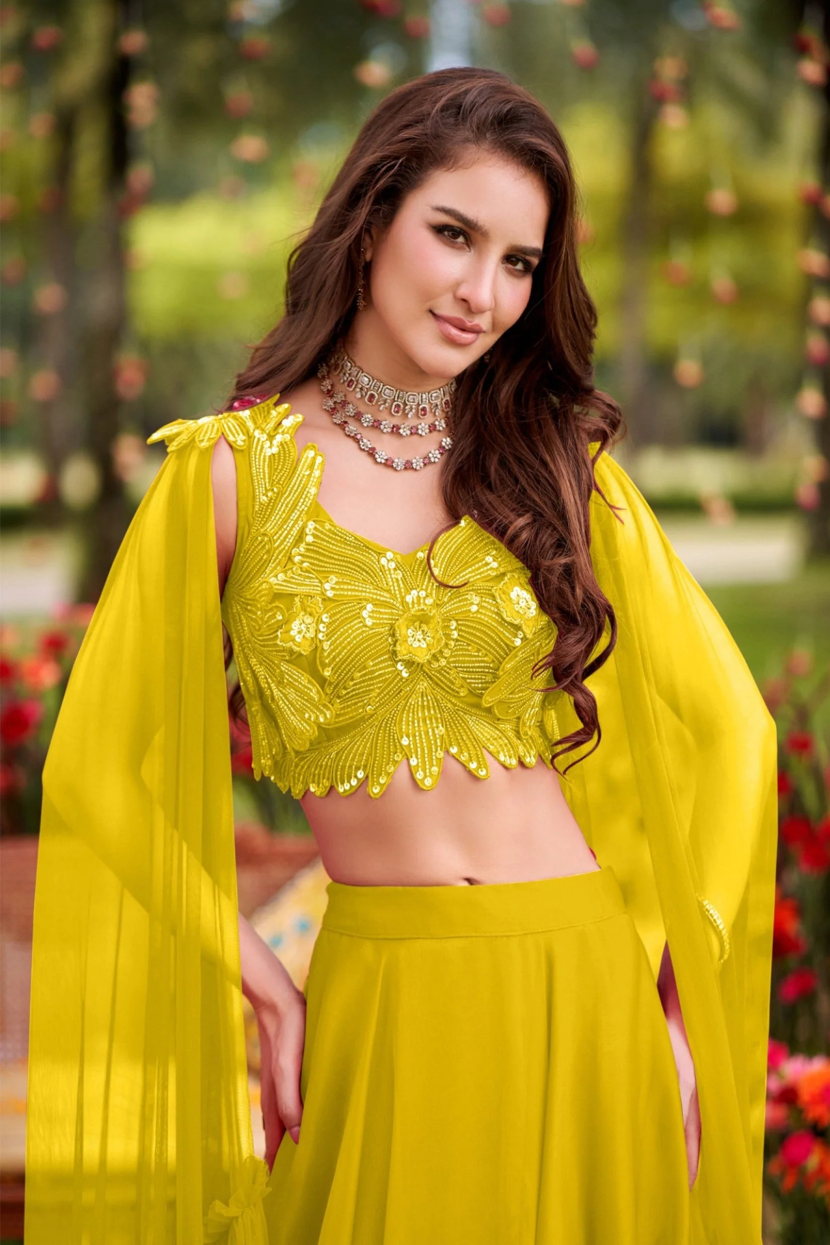 Mustard Embellished Imported Fabric Skirt Set - Image 2