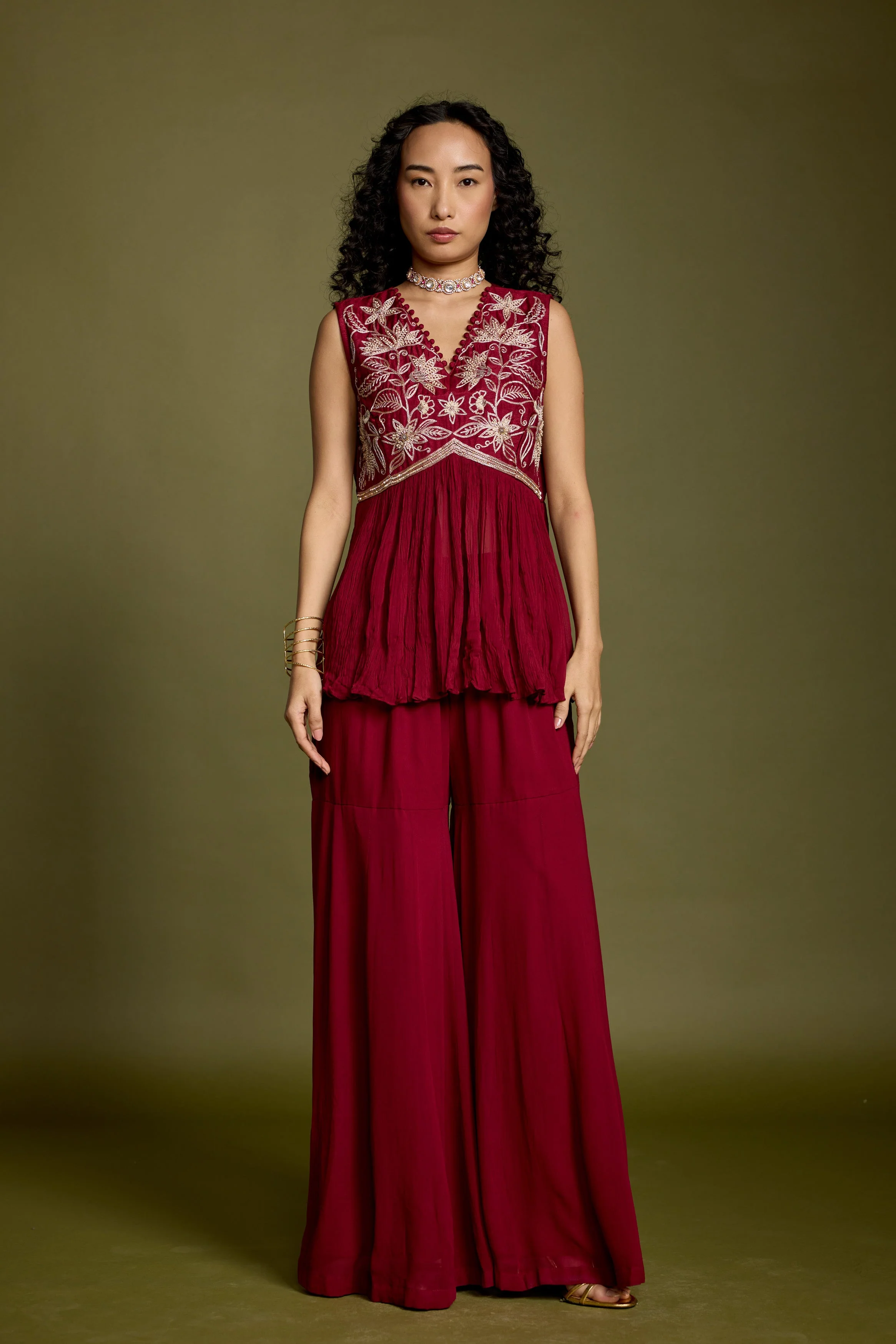 Maroon Red Embellished Georgette Silk Co-Ord Set