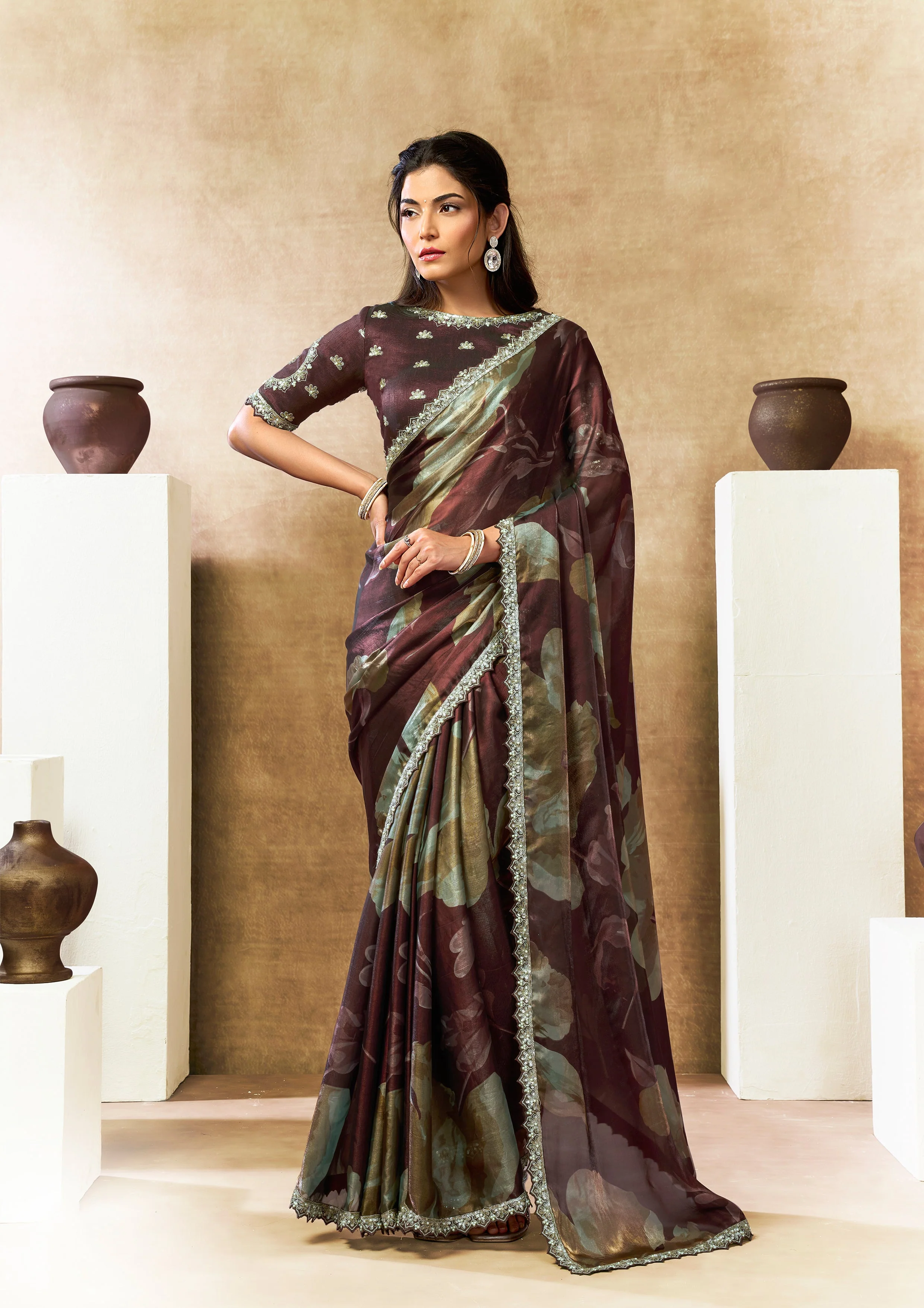 Maroon Floral Embellished Satin Silk Saree