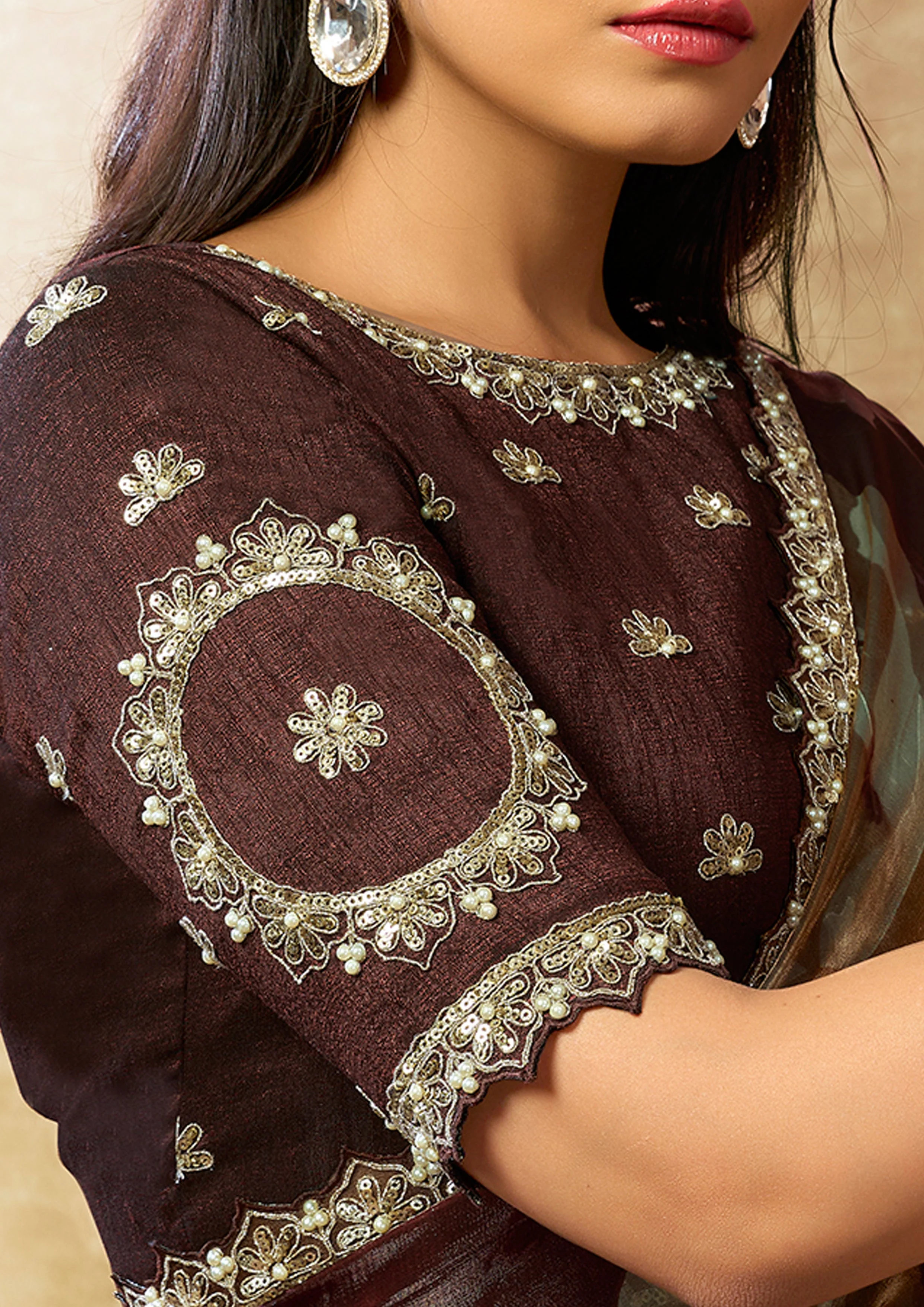 Maroon Floral Embellished Satin Silk Saree - Image 2