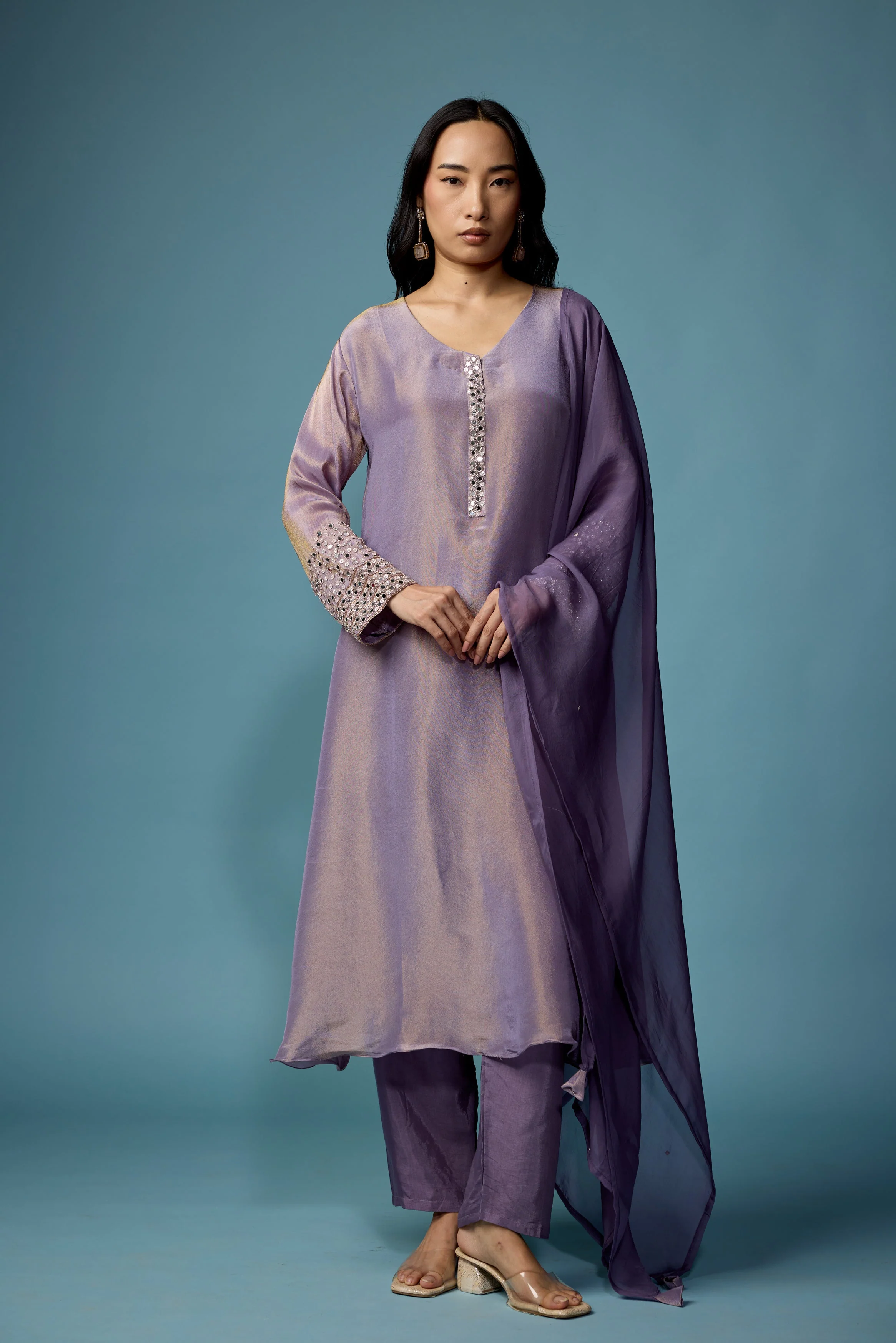 Mauve Glow Embellished Shimmer Tissue Silk Pant Set