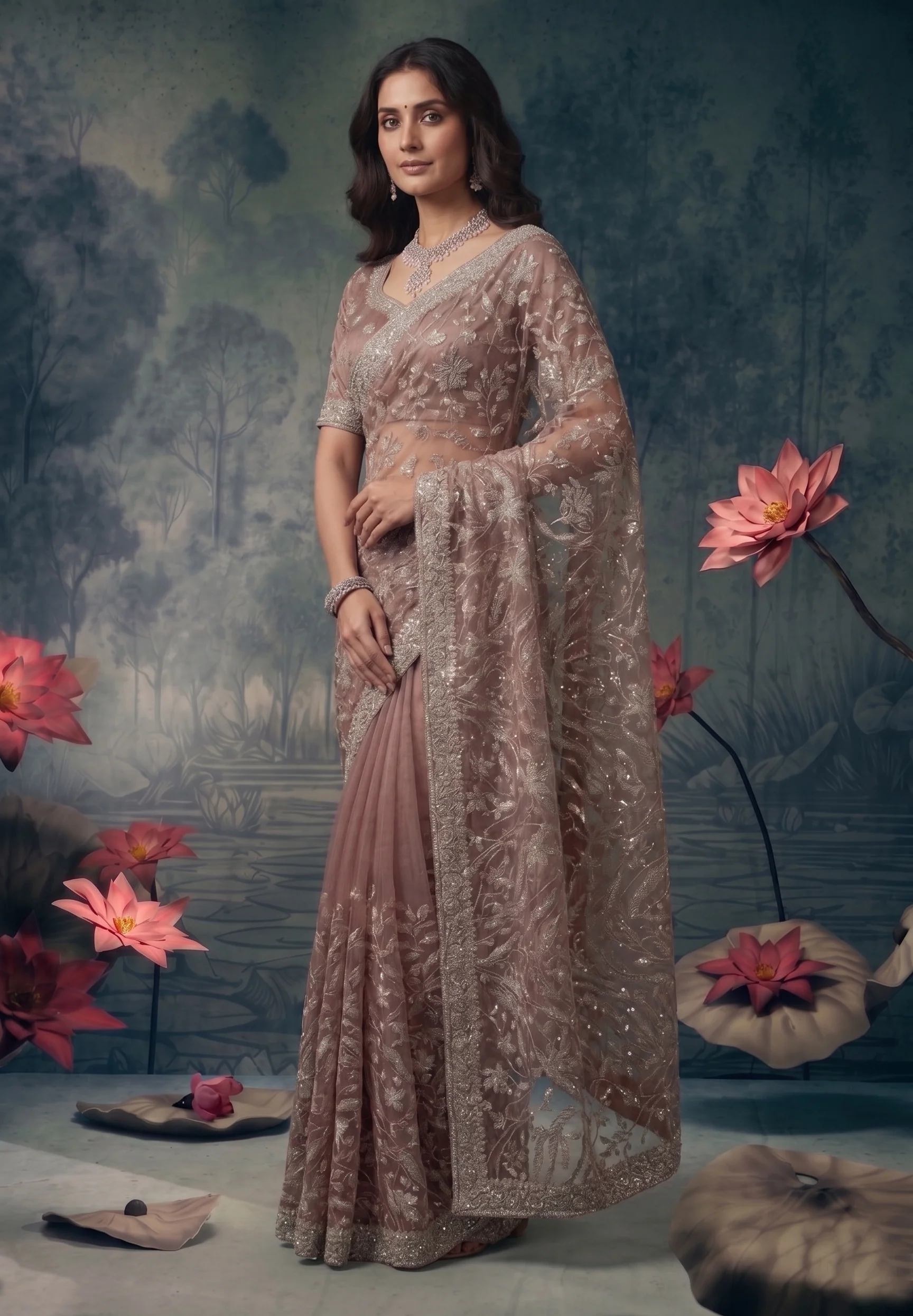 Mauve Mist Embellished Premium Net Saree - Image 3