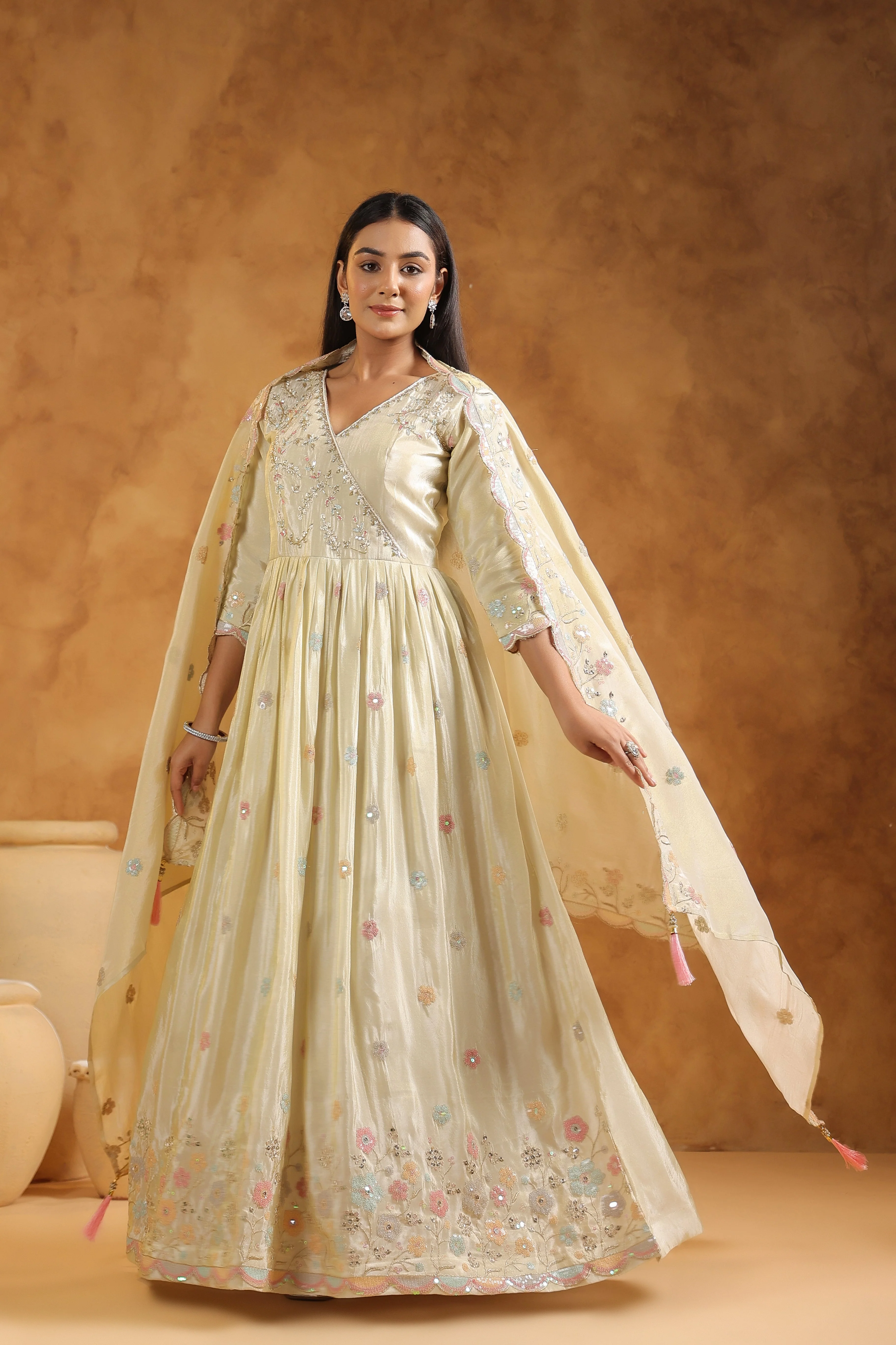 Off-White Embellished Tissue Silk Anarkali Set - Image 5