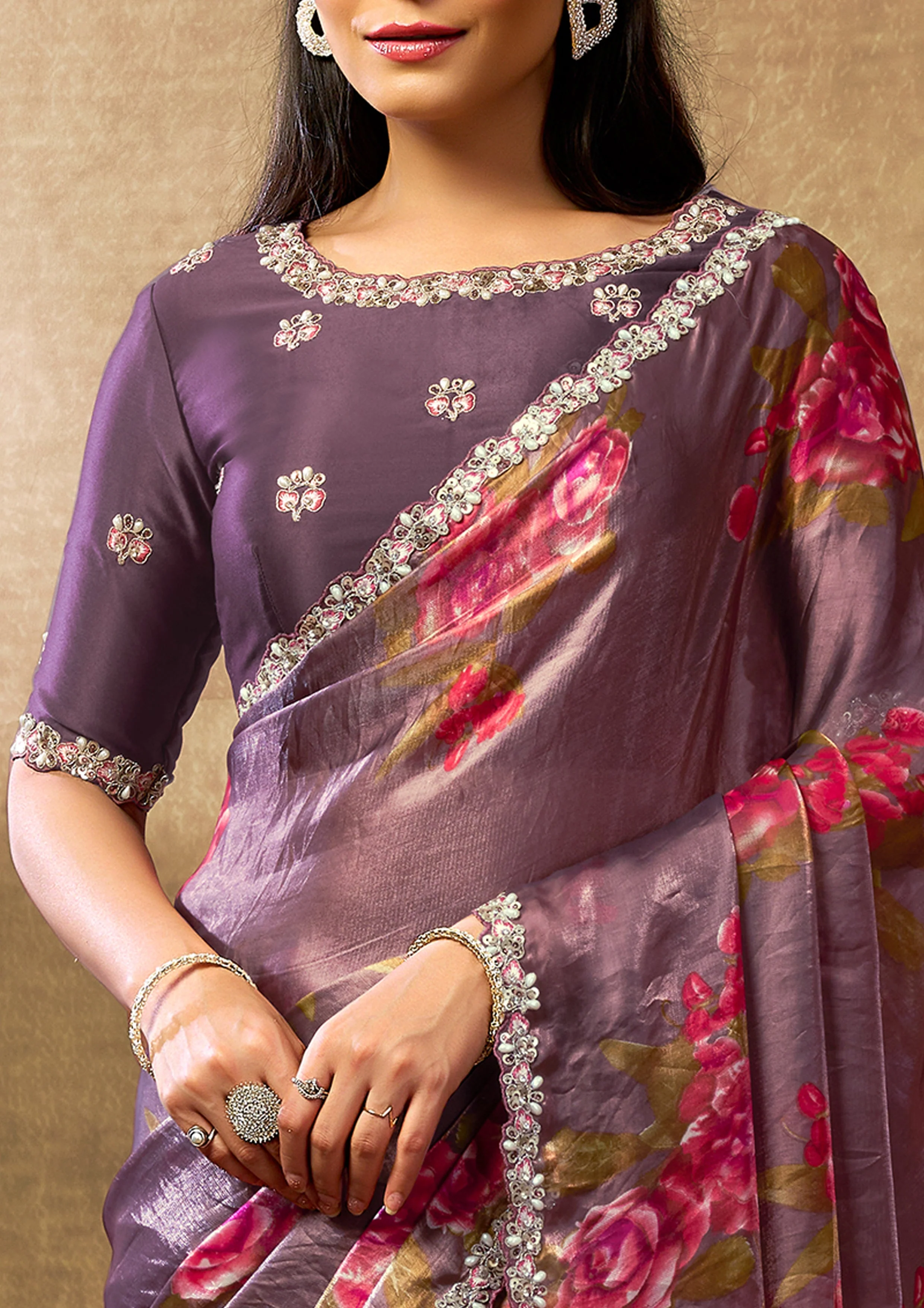 Mauve Rose Embellished Crepe Tissue Silk Saree - Image 4