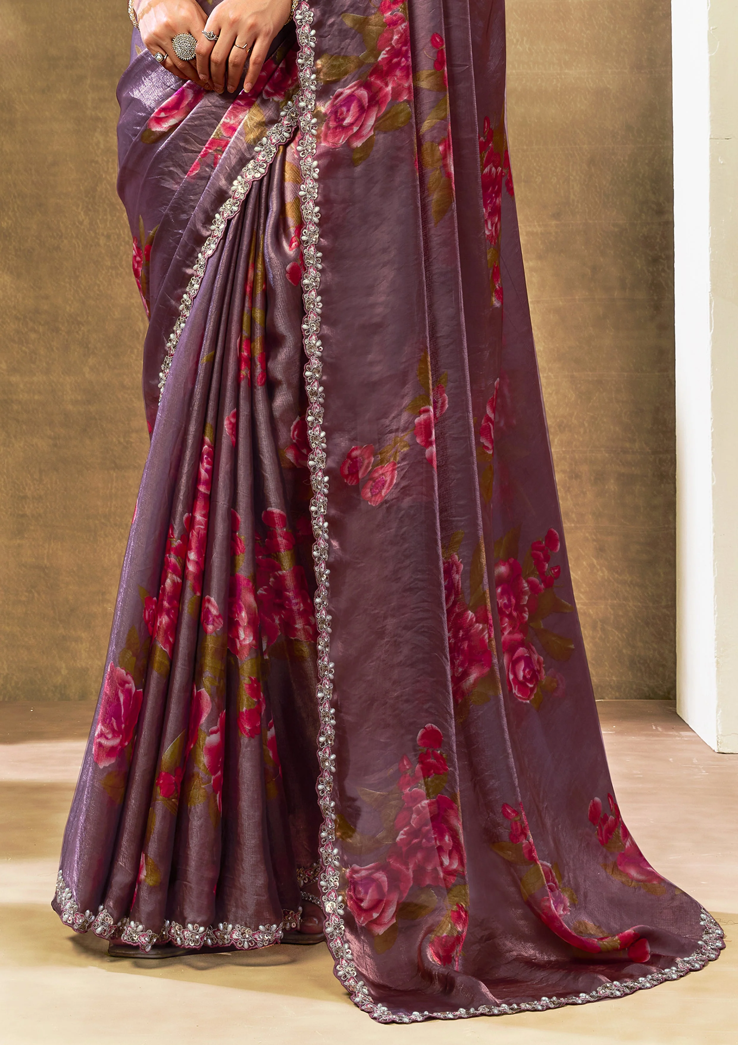 Mauve Rose Embellished Crepe Tissue Silk Saree - Image 5