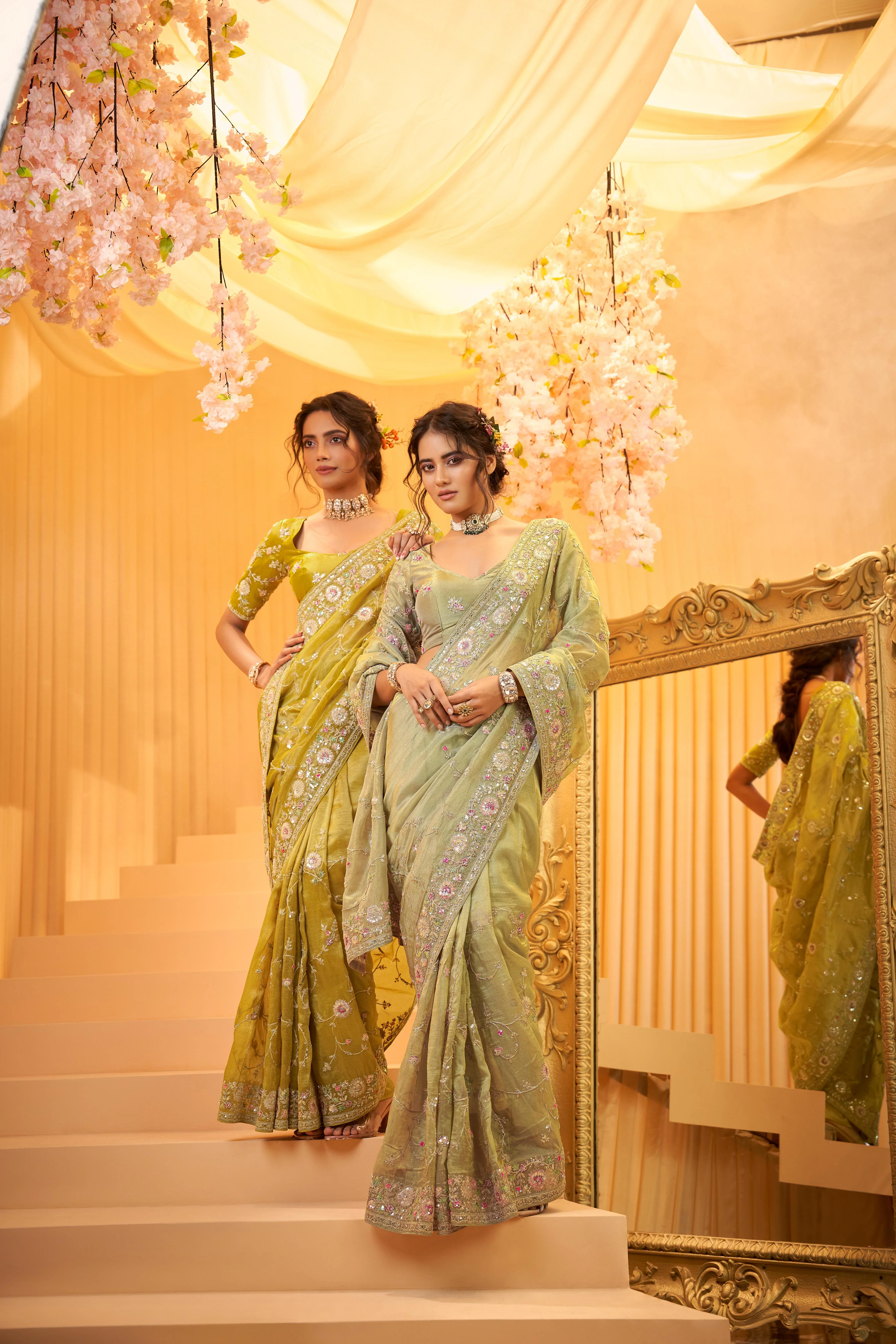 Pastel Green Embellished Organza Tissue Silk Saree - Image 2