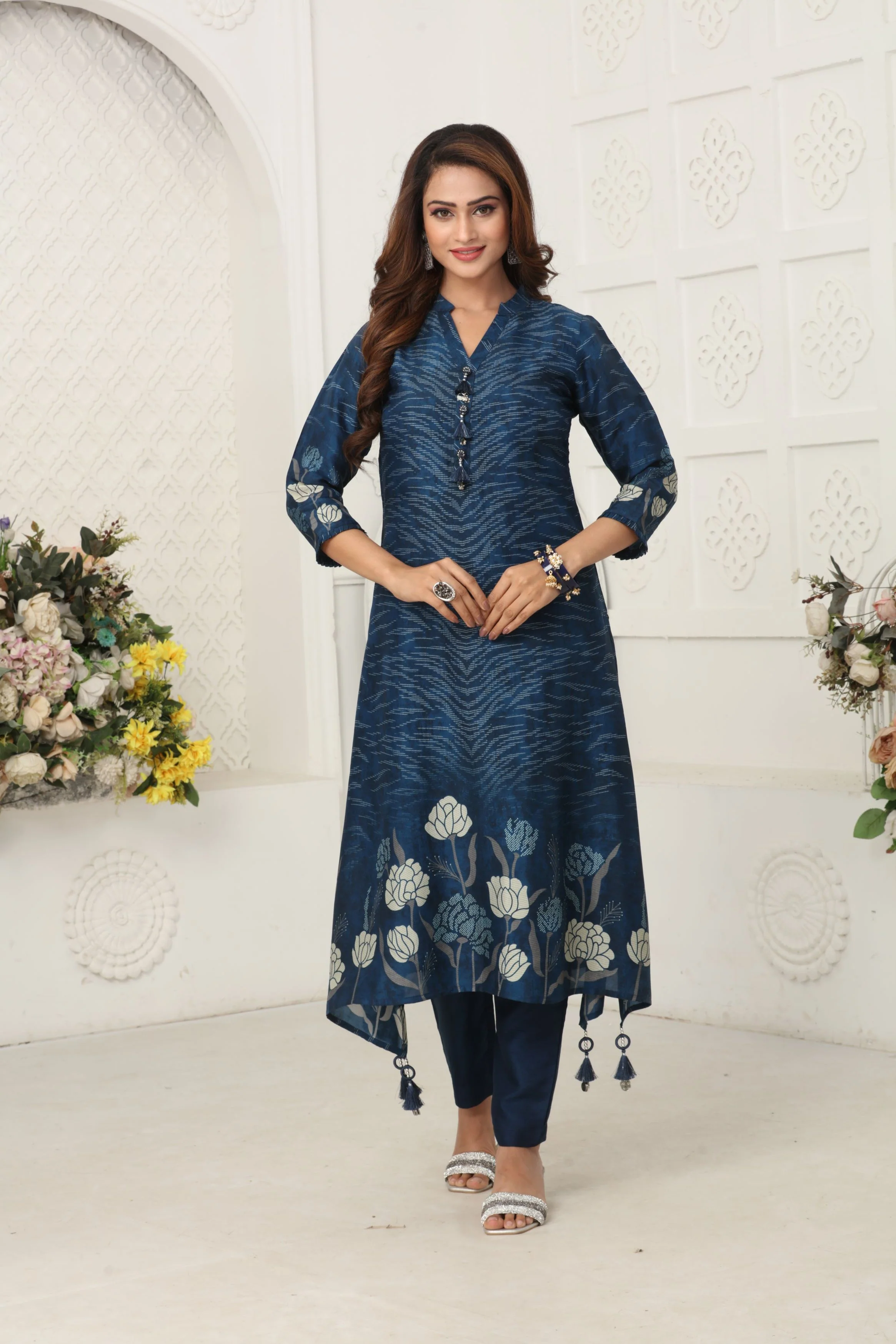 Navy Blue Printed Muslin Silk Kurta Set