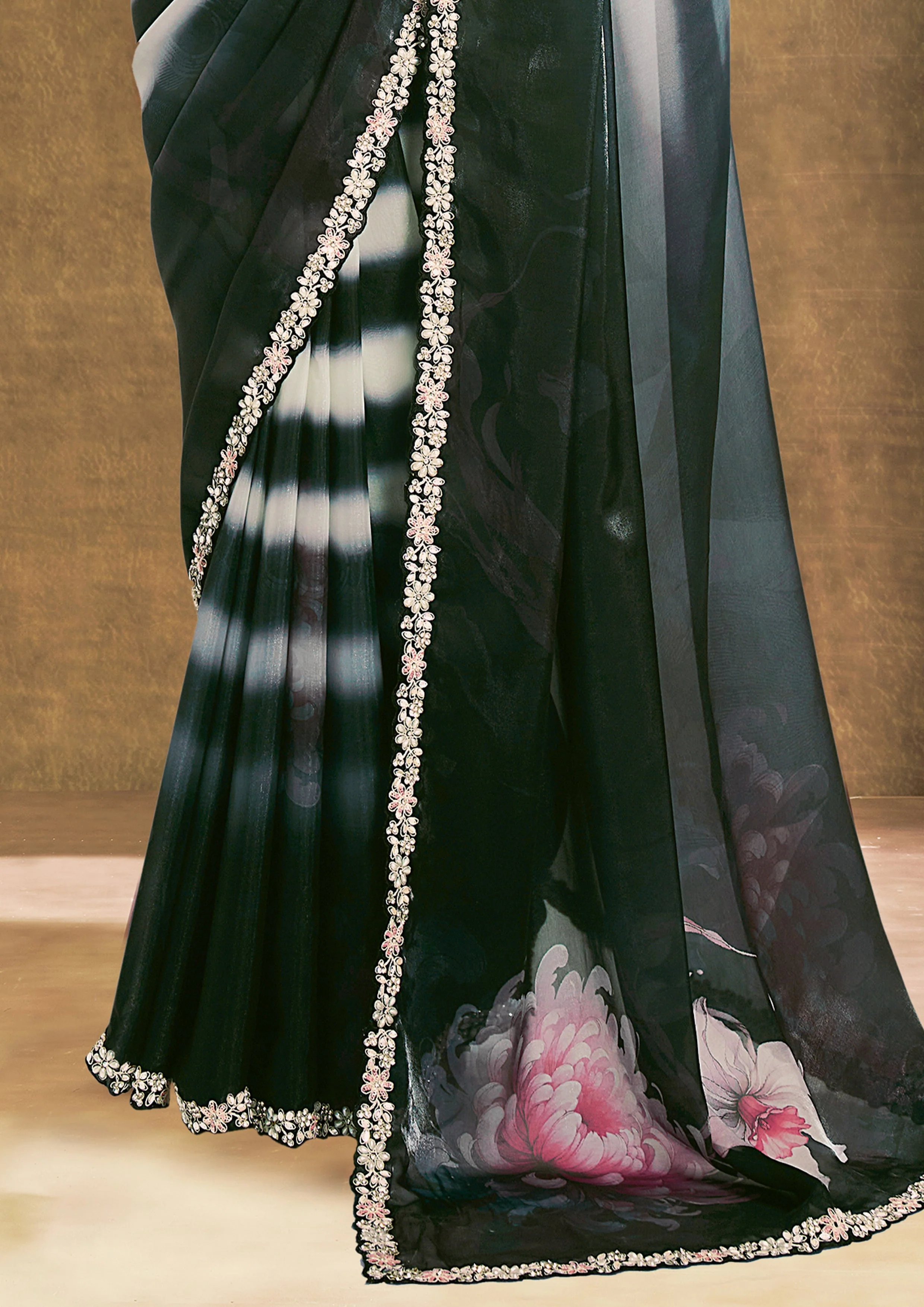 Midnight Black Embellished Jimmy Choo Silk Saree - Image 5