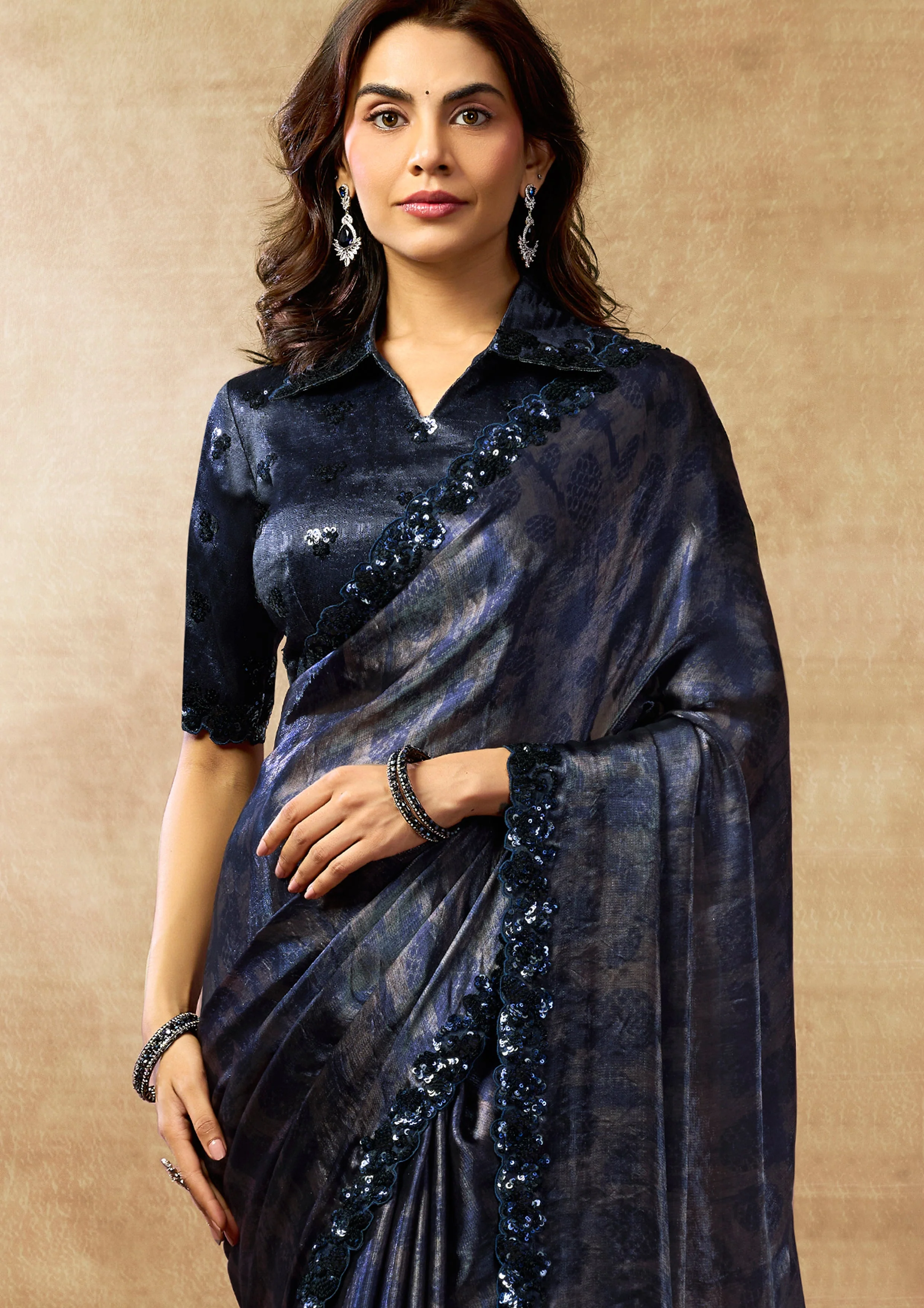 Midnight Navy Embellished Antique Satin Silk Saree - Image 4