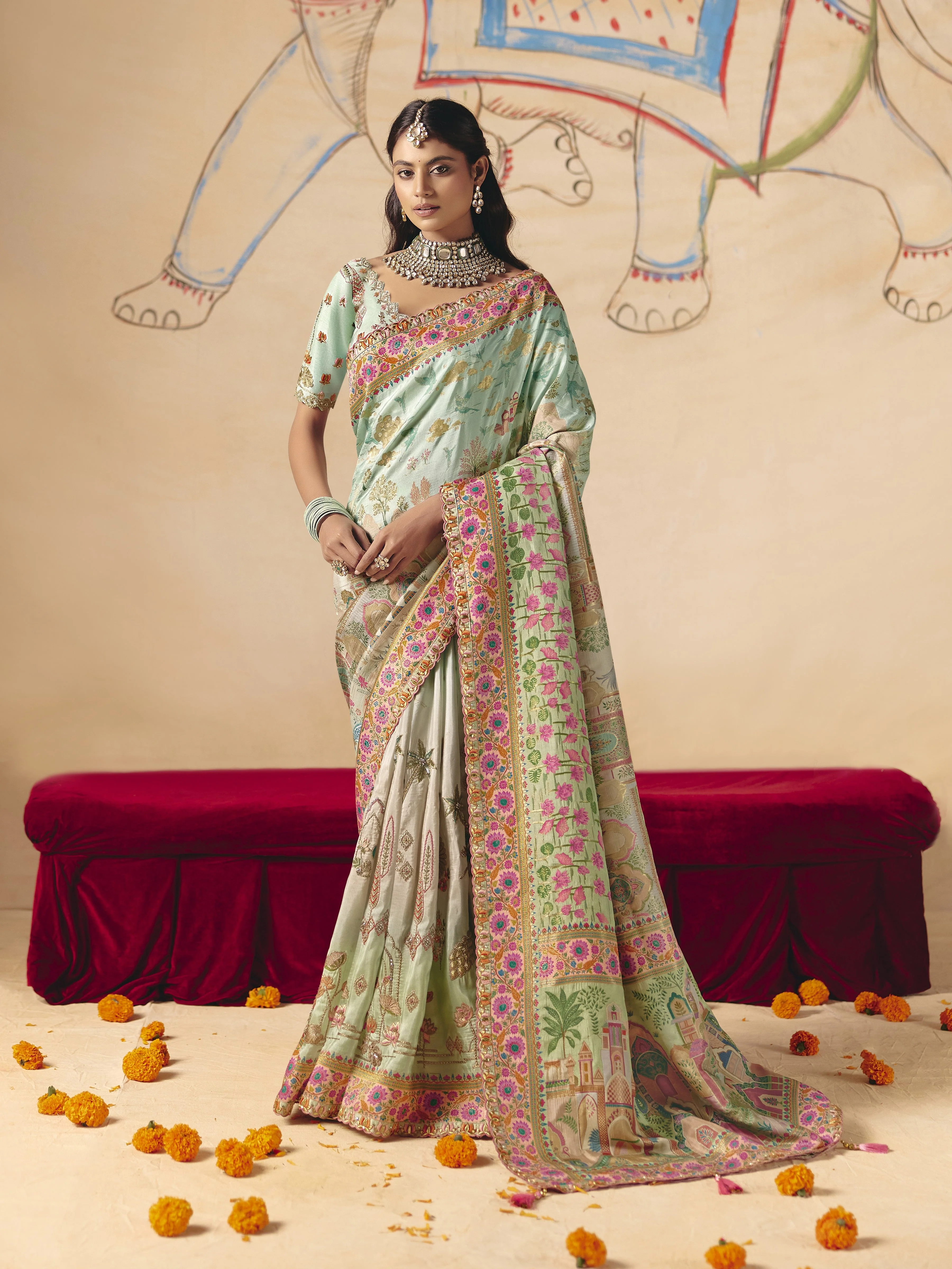 Mint Blue Embellished Dola Silk Saree