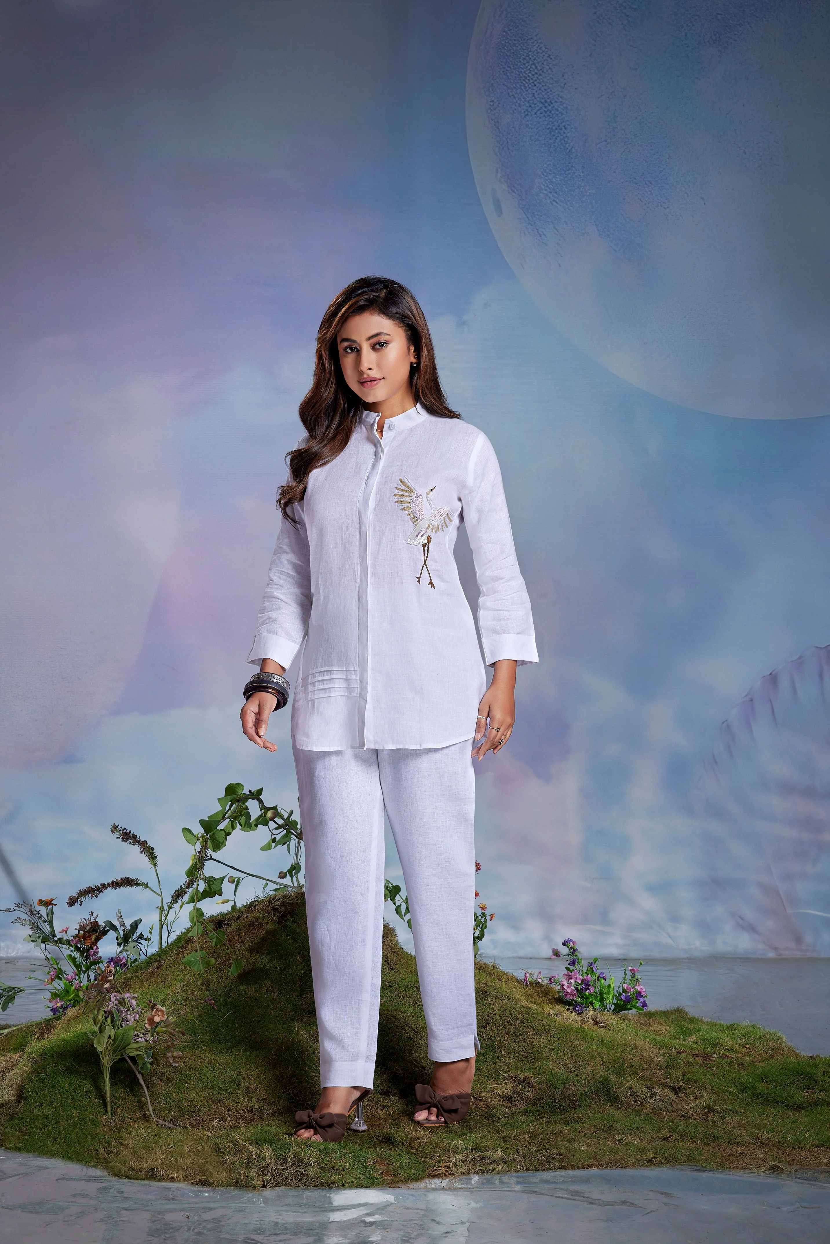 Mist White Embellished Linen Co-Ord Set