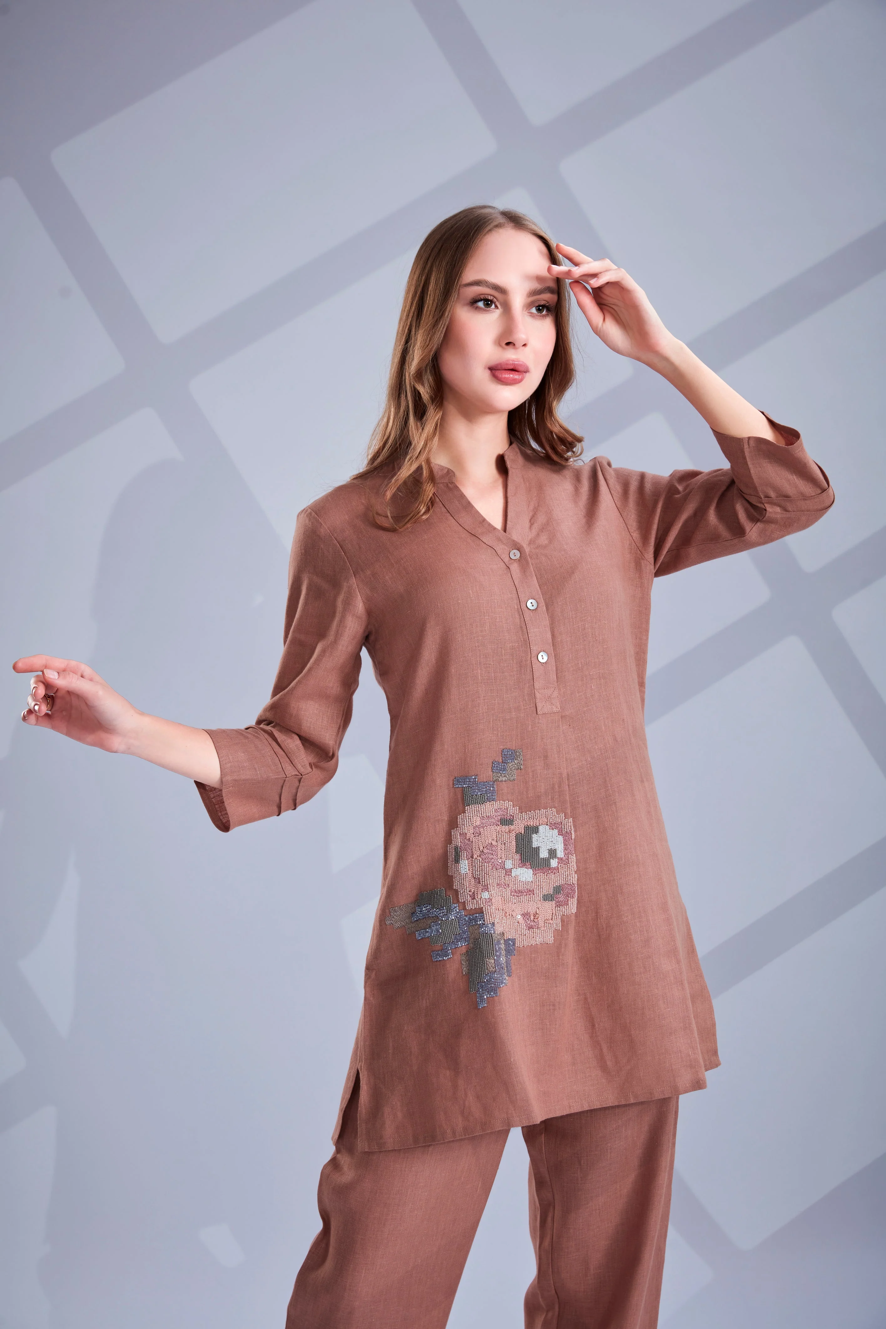 Cocoa Bloom Embellished Linen Co-Ord Set - Image 2