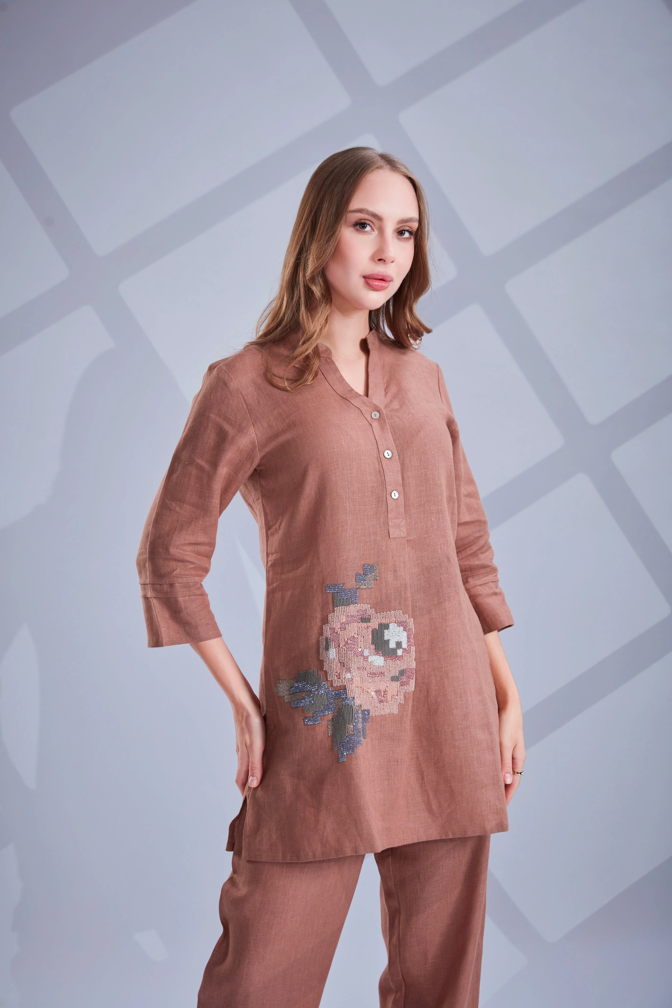 Cocoa Bloom Embellished Linen Co-Ord Set - Image 3