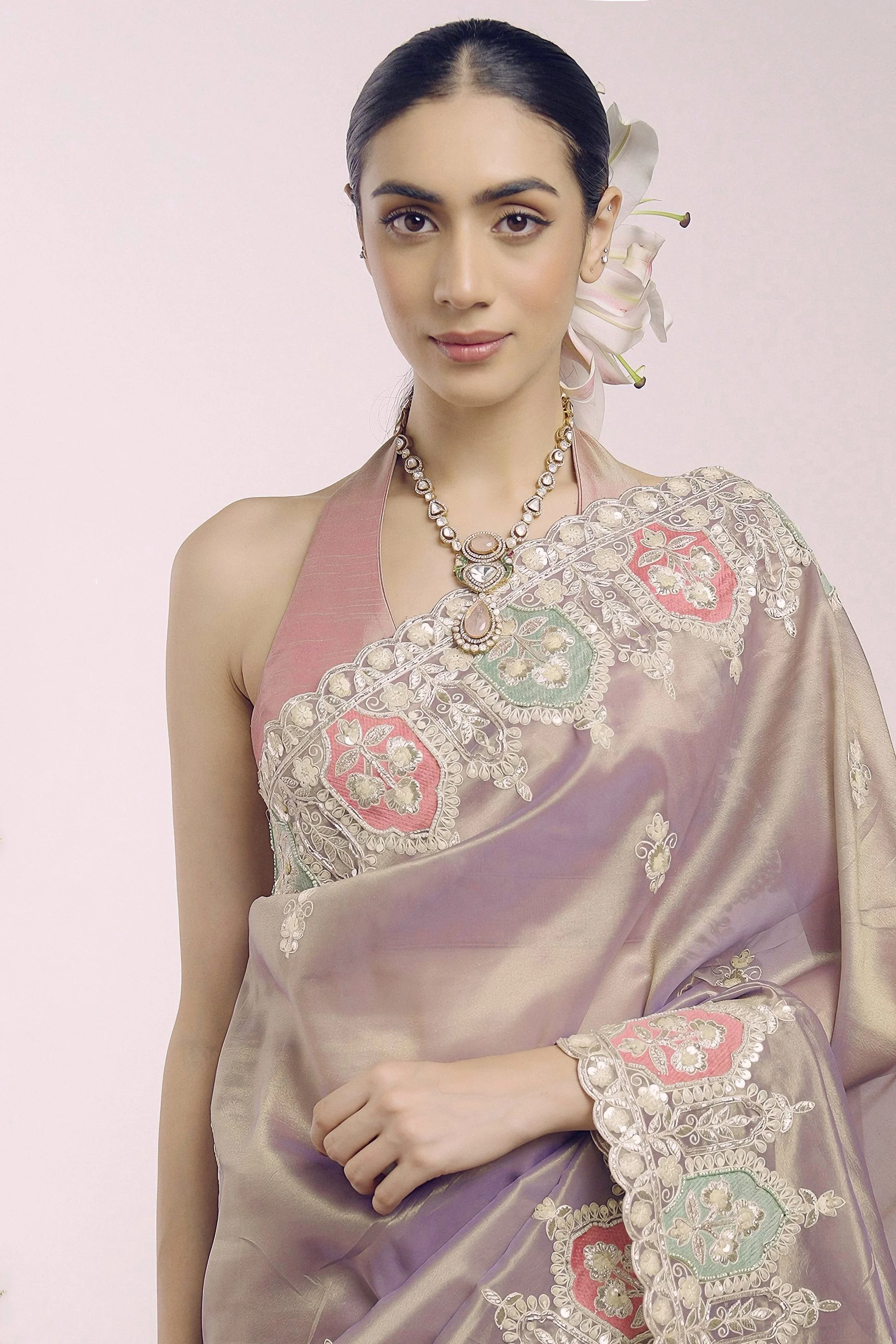 Moonlit Mauve Embellished Shimmer Tissue Silk Saree