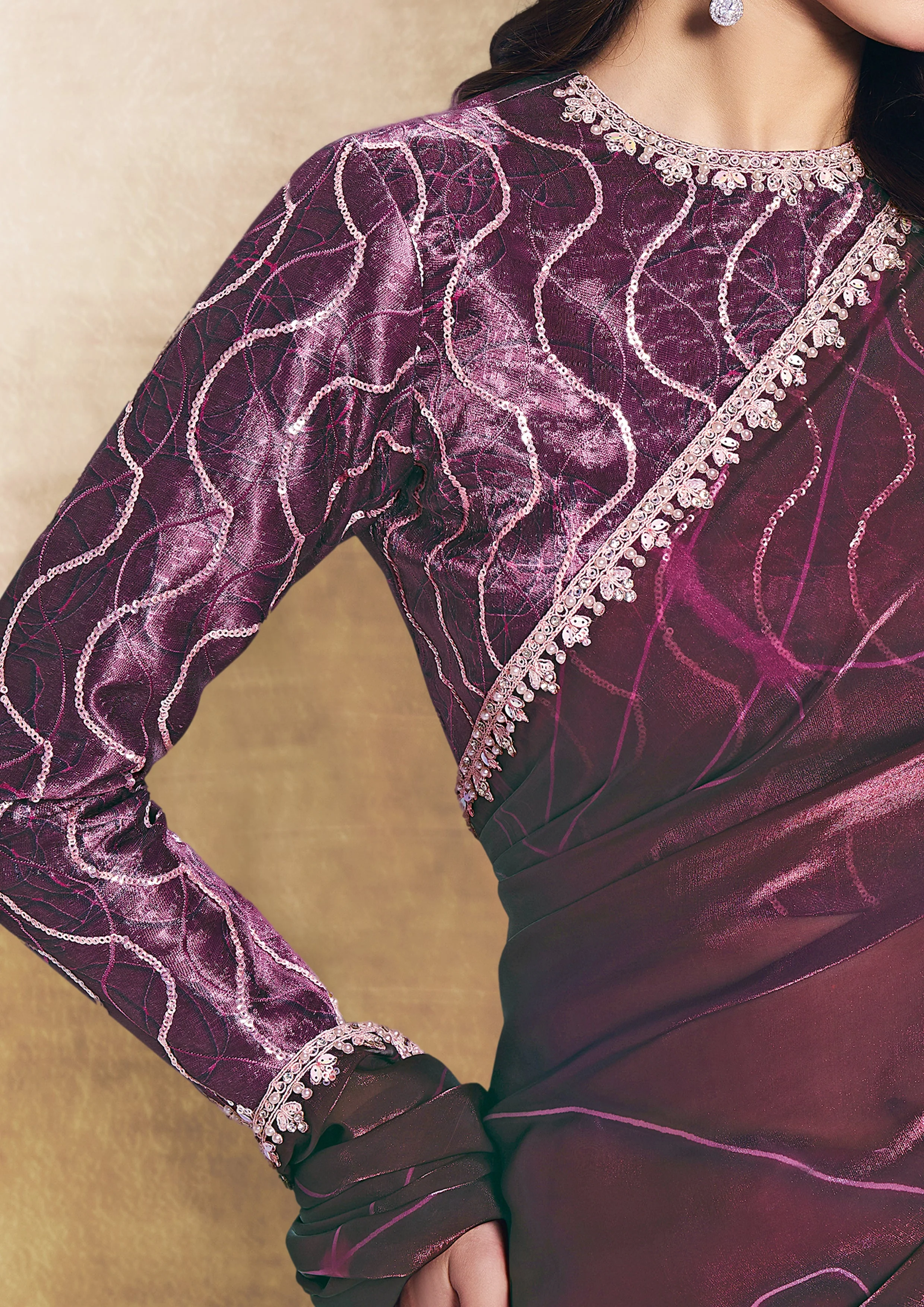 Mulberry Purple Embellished Crepe Tissue Silk Saree - Image 2