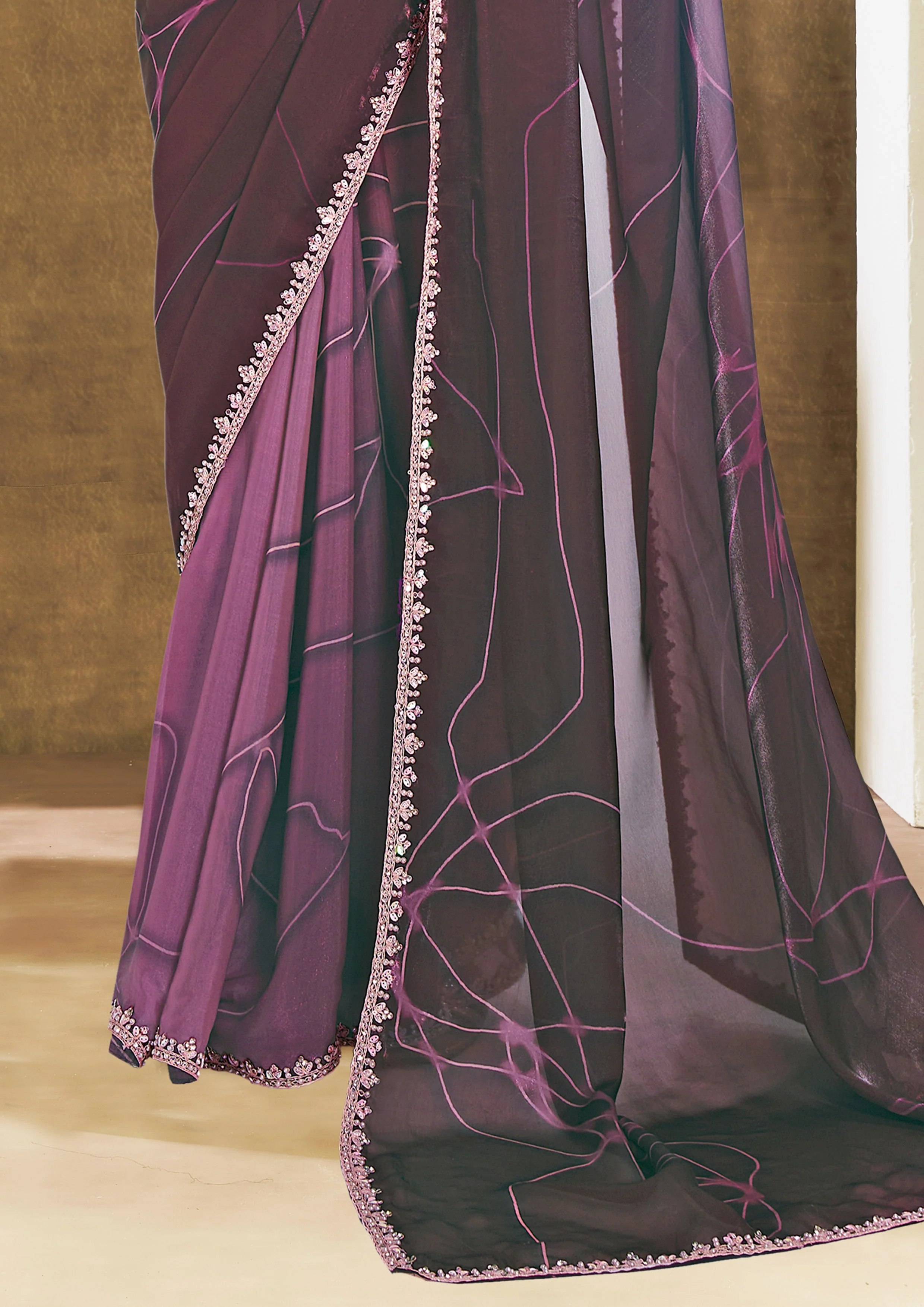 Mulberry Purple Embellished Crepe Tissue Silk Saree - Image 5