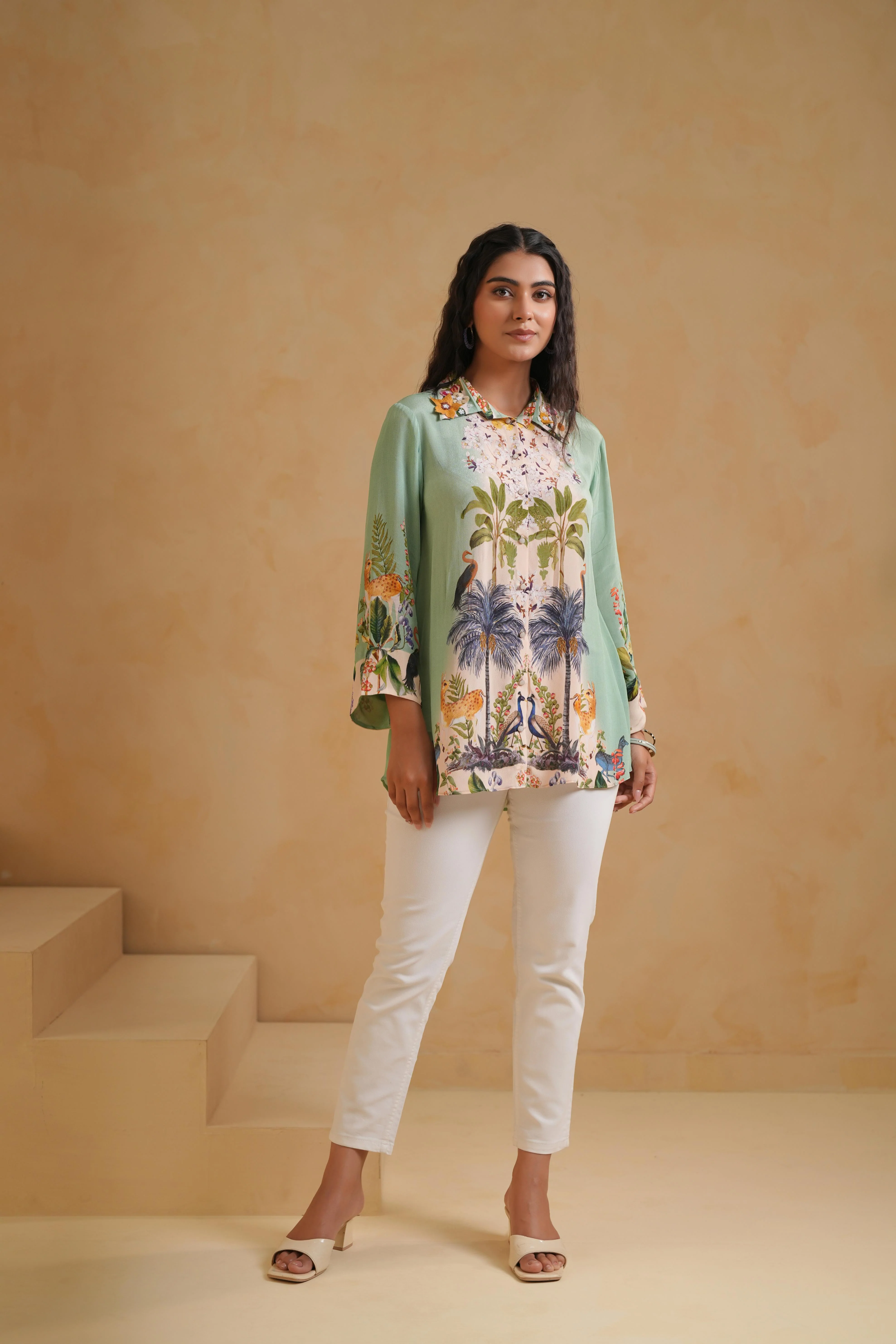 Soft Mint Green Printed Viscose Crepe Top