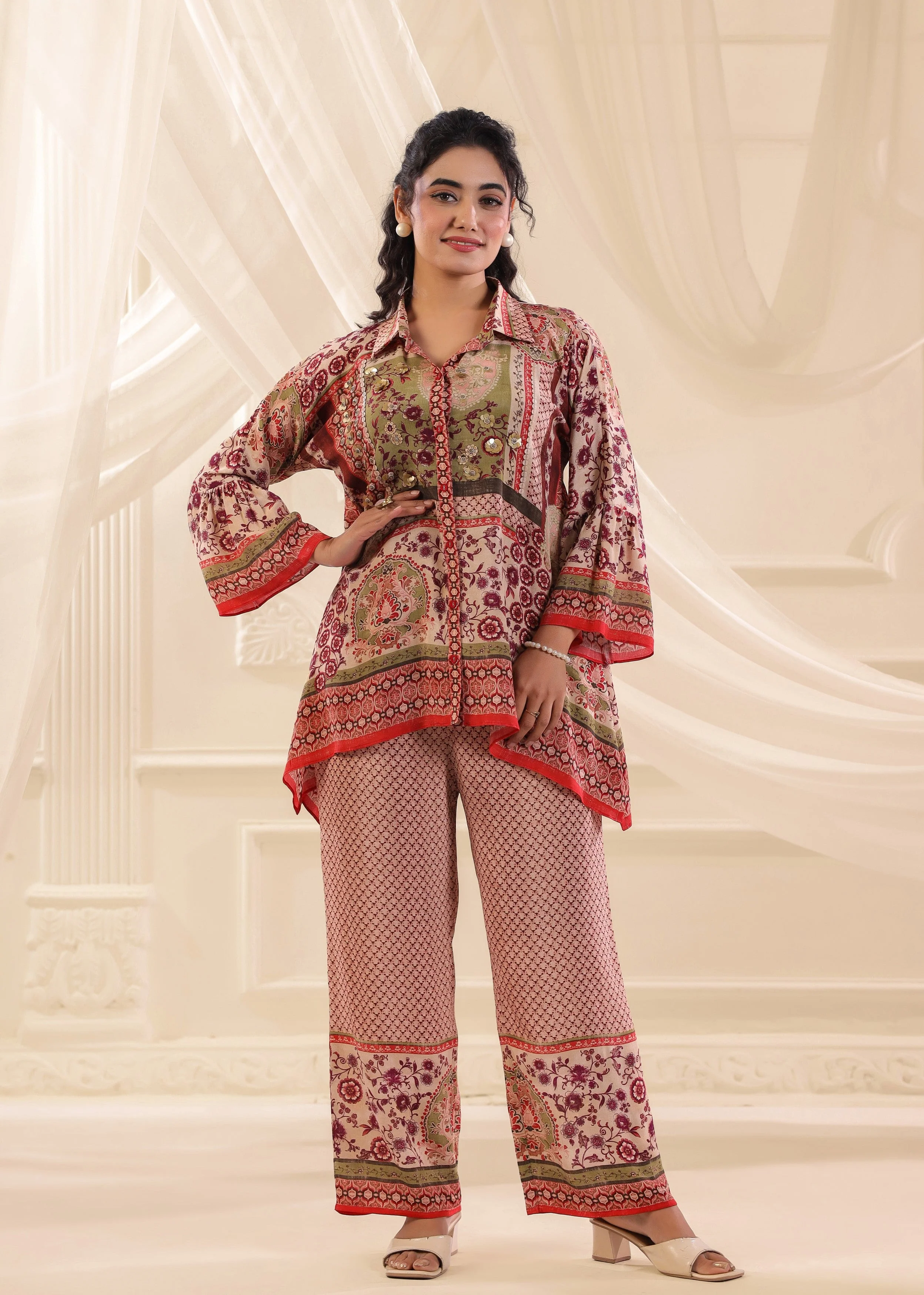 Multicolor Embellished Crepe Silk Co-Ord Set