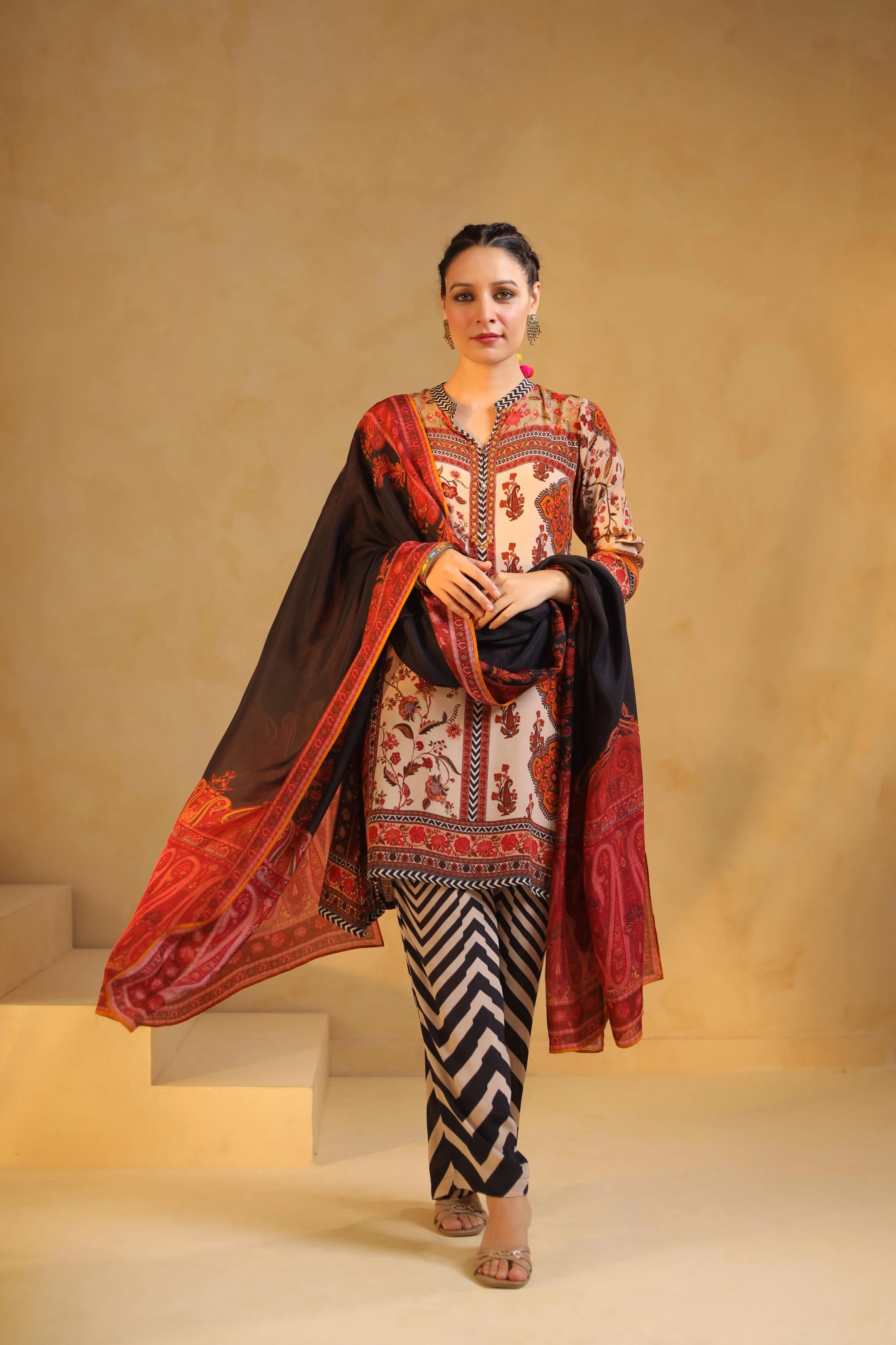 Multicolor Printed Dola Silk Pant Set