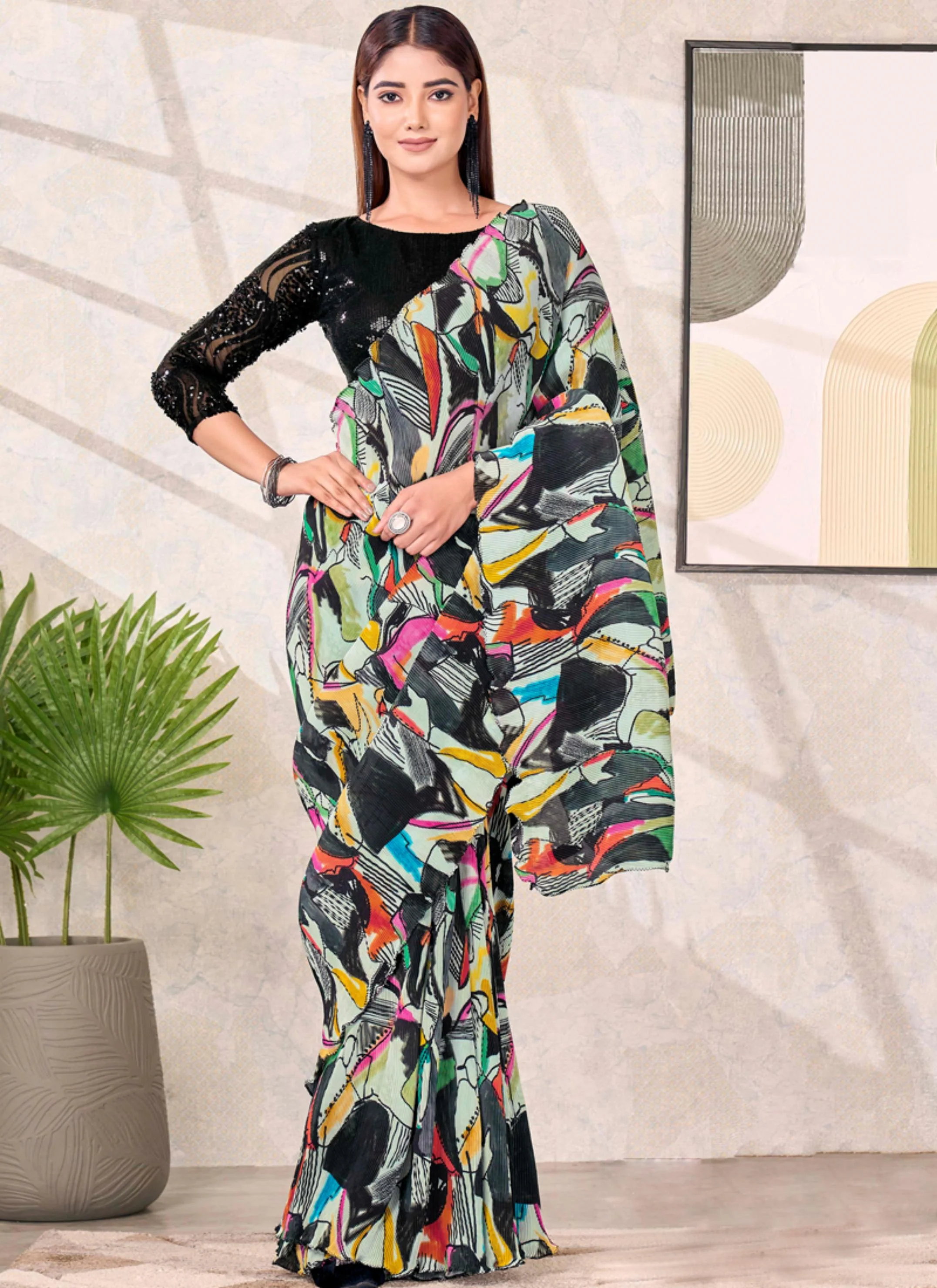 Multicolour Abstract Satin Silk Saree