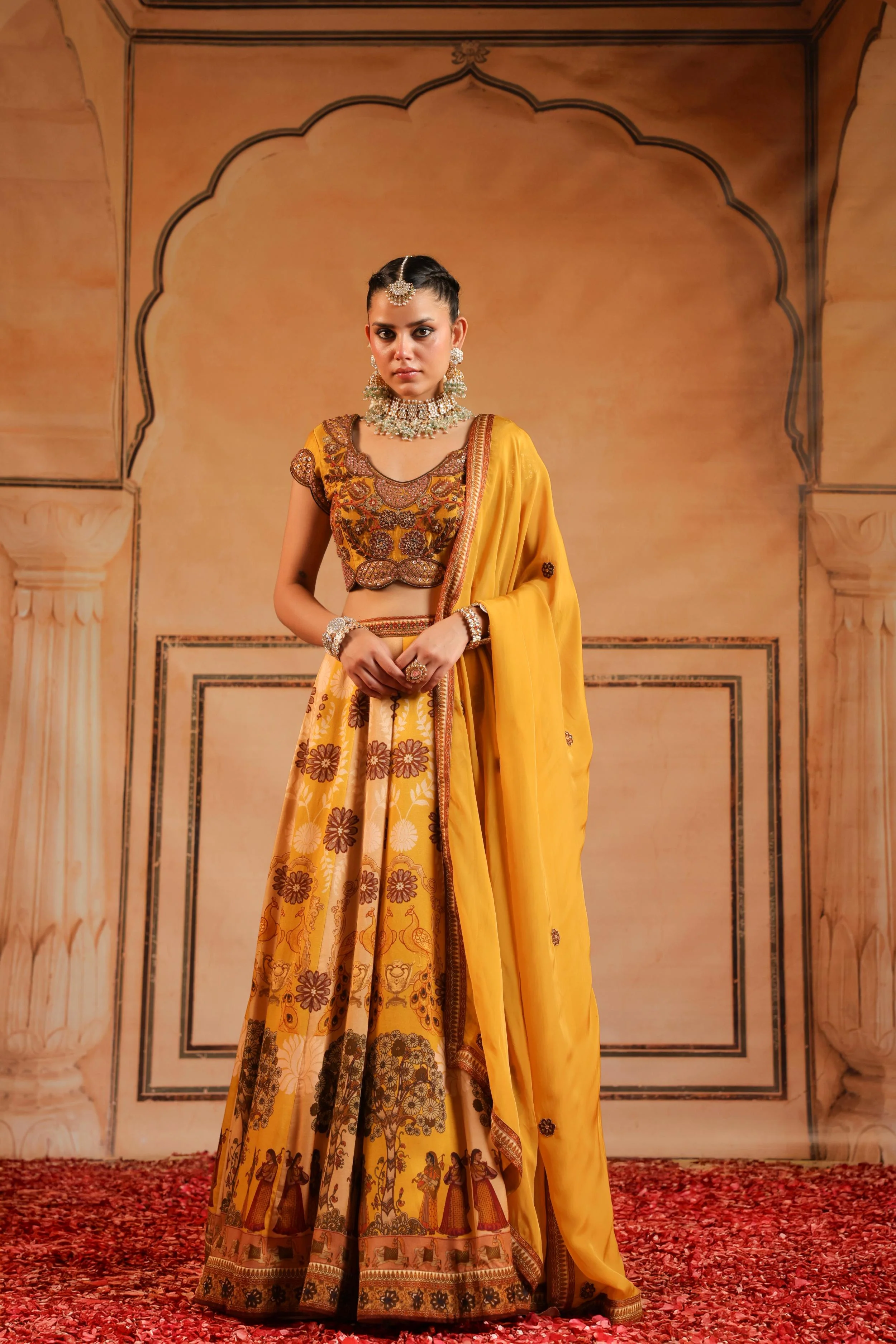 Mustard Yellow Embellished Raw Silk Lehenga Set