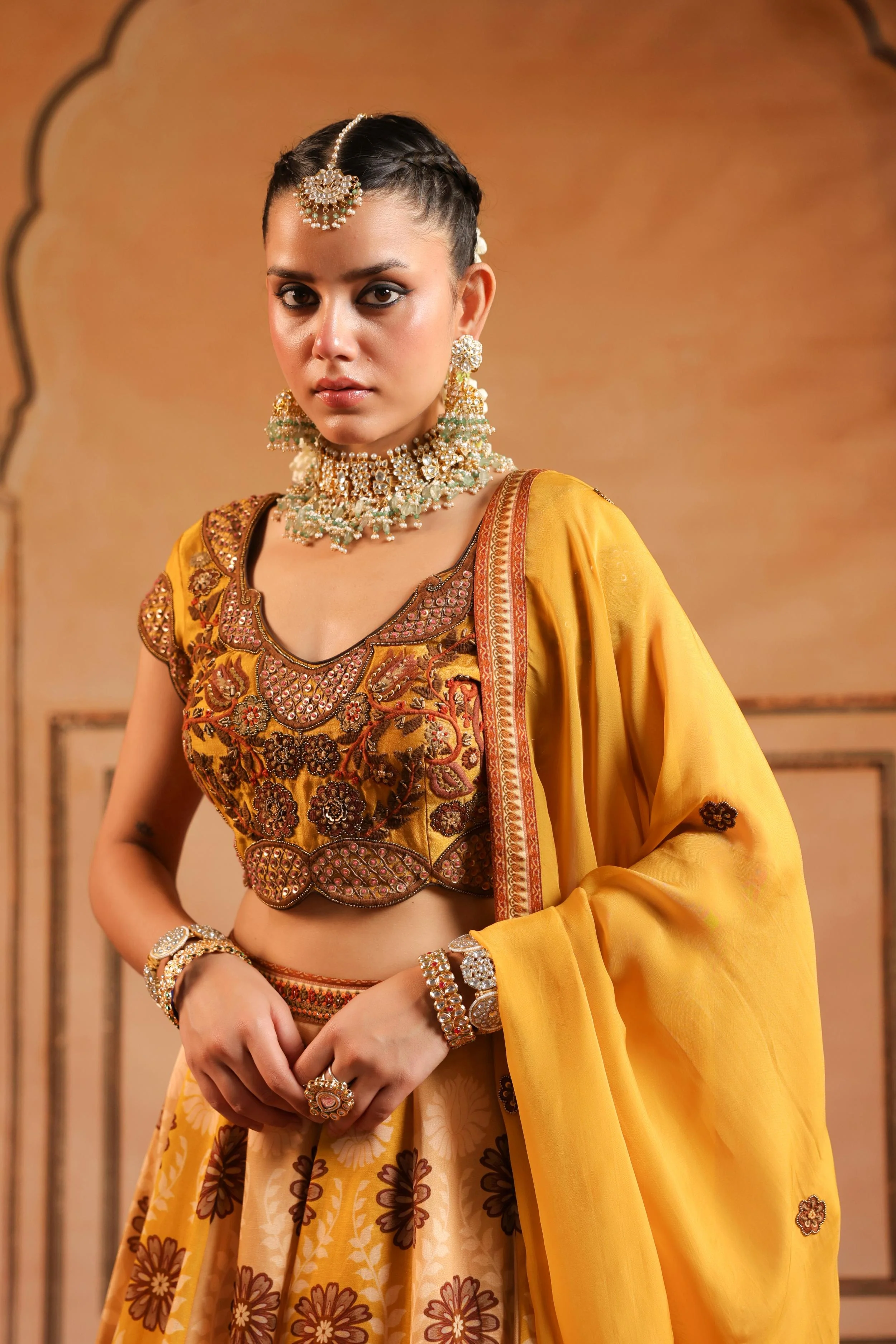 Mustard Yellow Embellished Raw Silk Lehenga Set - Image 2