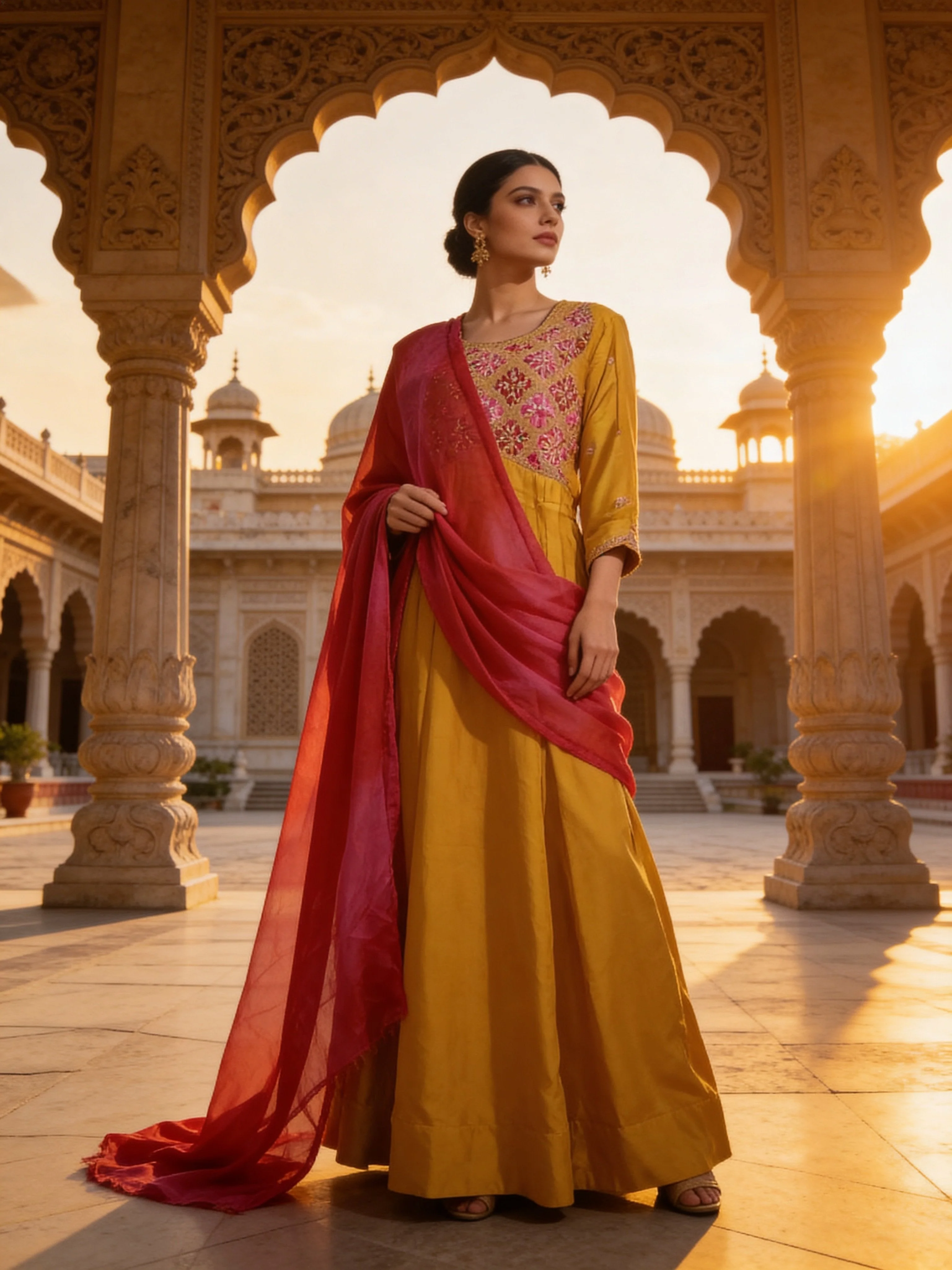Mustard Embellished Premium Raw Silk Anarkali