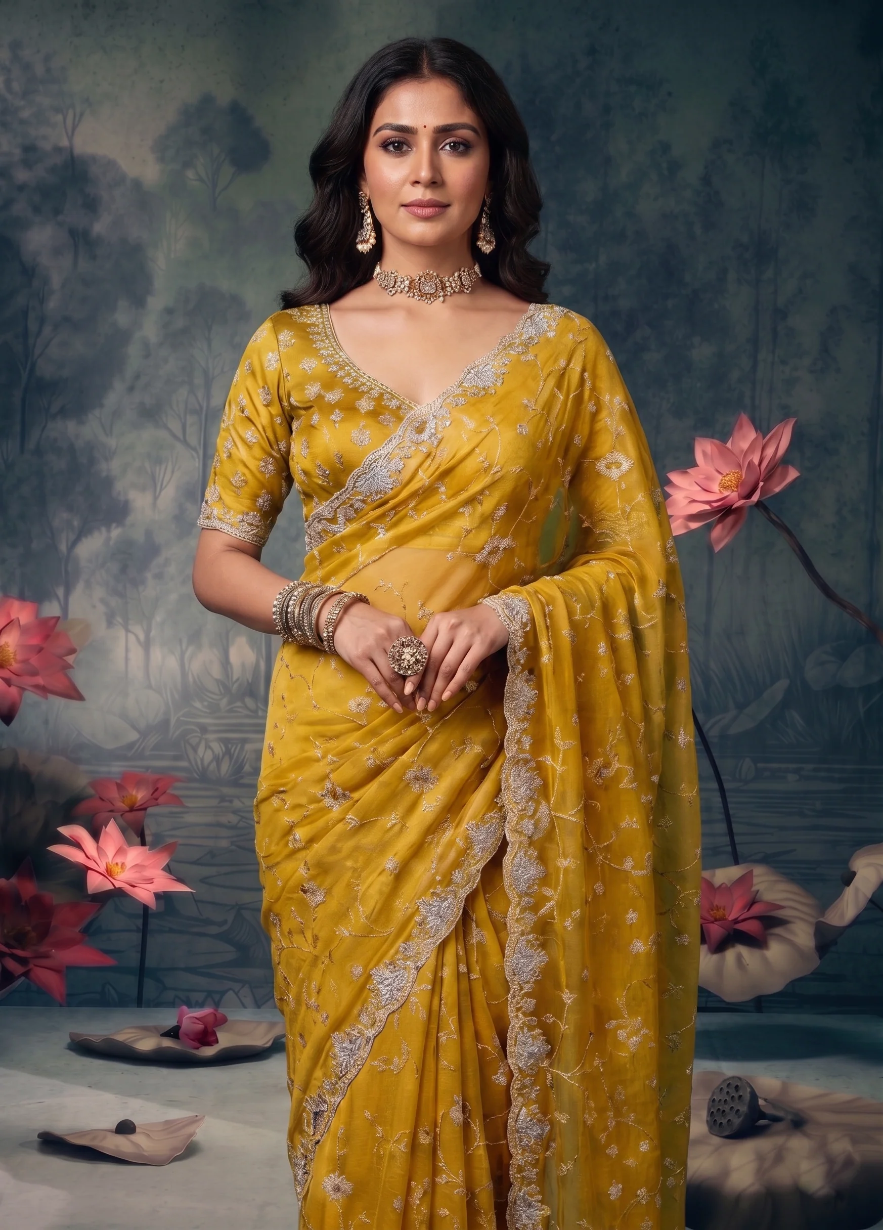 Mustard Yellow Embellished Organza Silk Saree - Image 2