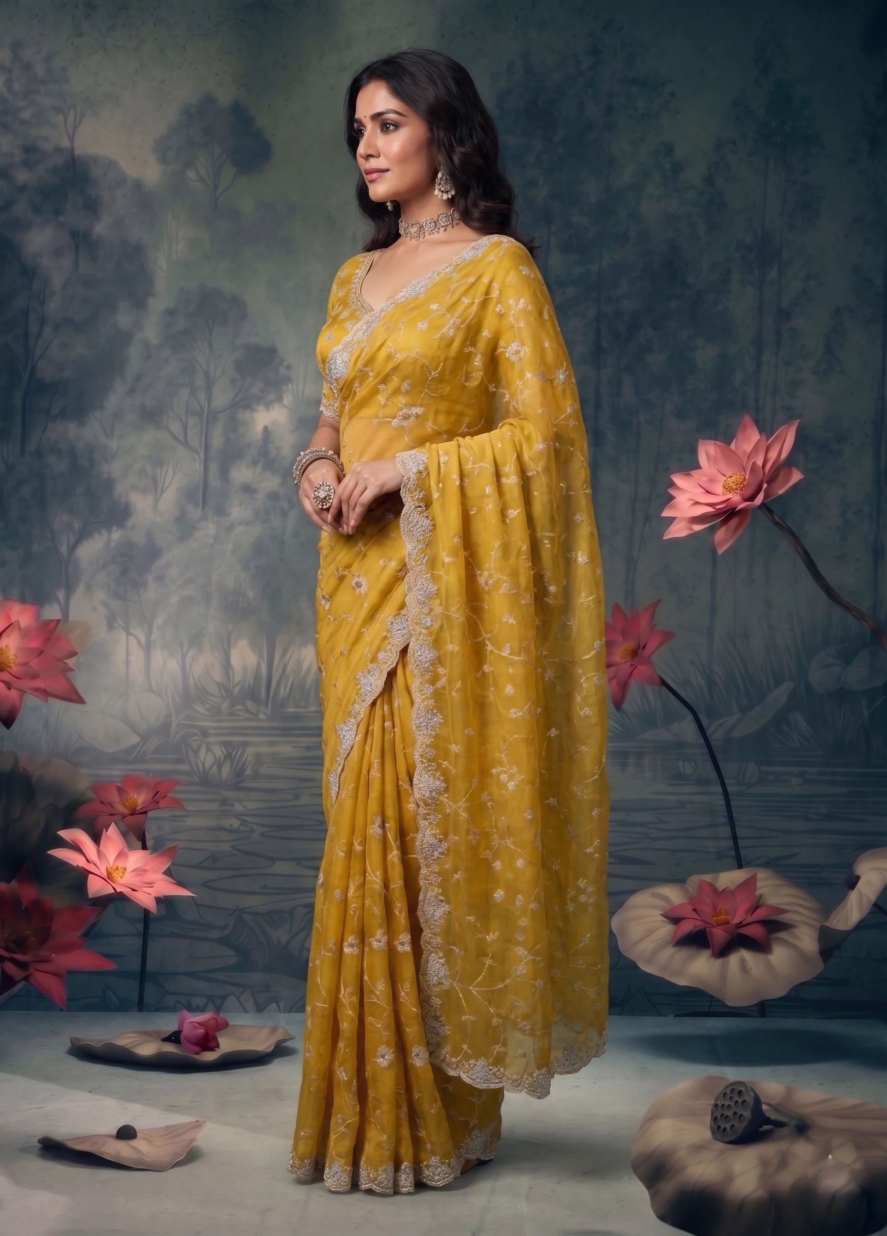 Mustard Yellow Embellished Organza Silk Saree - Image 3