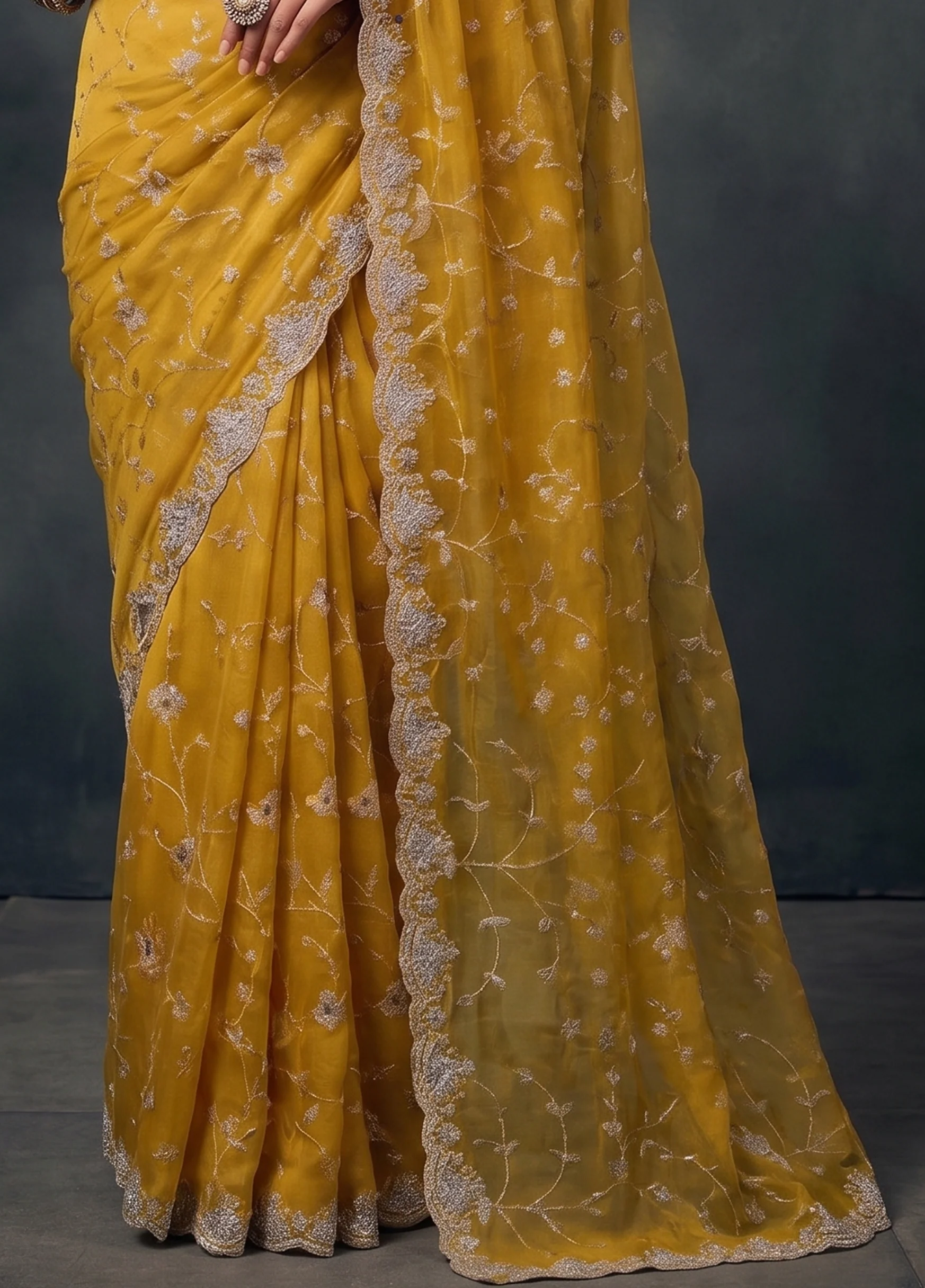 Mustard Yellow Embellished Organza Silk Saree - Image 4