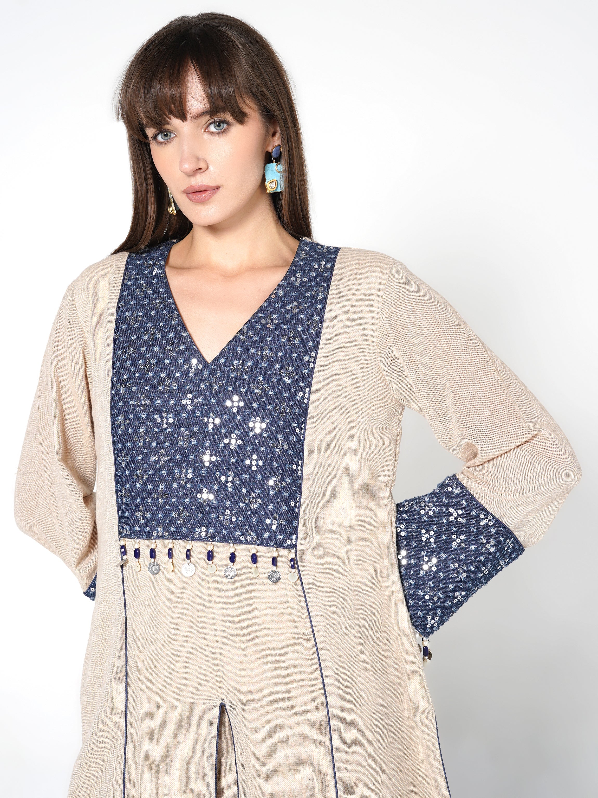 Natural Beige & Blue Flared Jute Co-ord Set - Image 2
