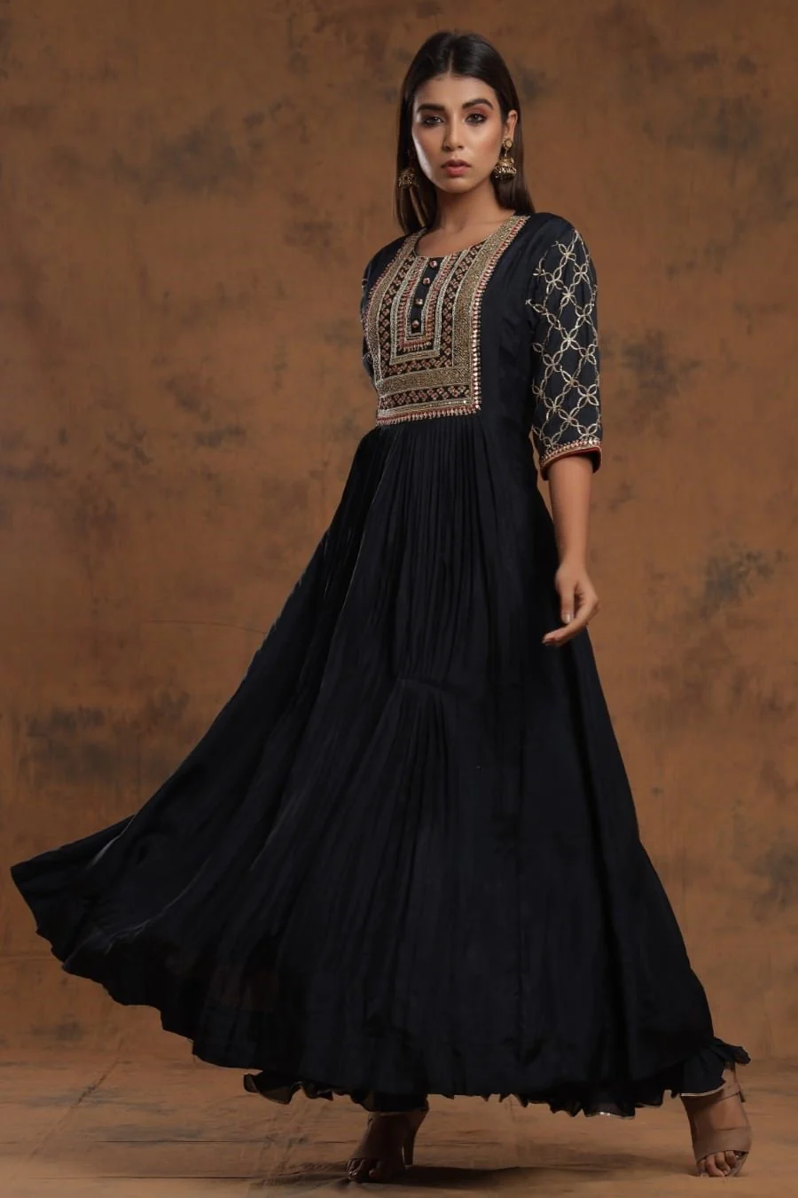 Navy Blue Chanderi Silk Kalidar Kurti With Embroidery - Image 5
