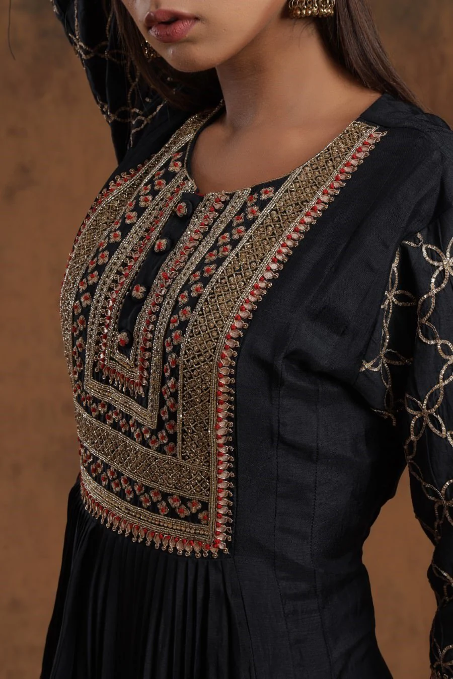 Navy Blue Chanderi Silk Kalidar Kurti With Embroidery - Image 7
