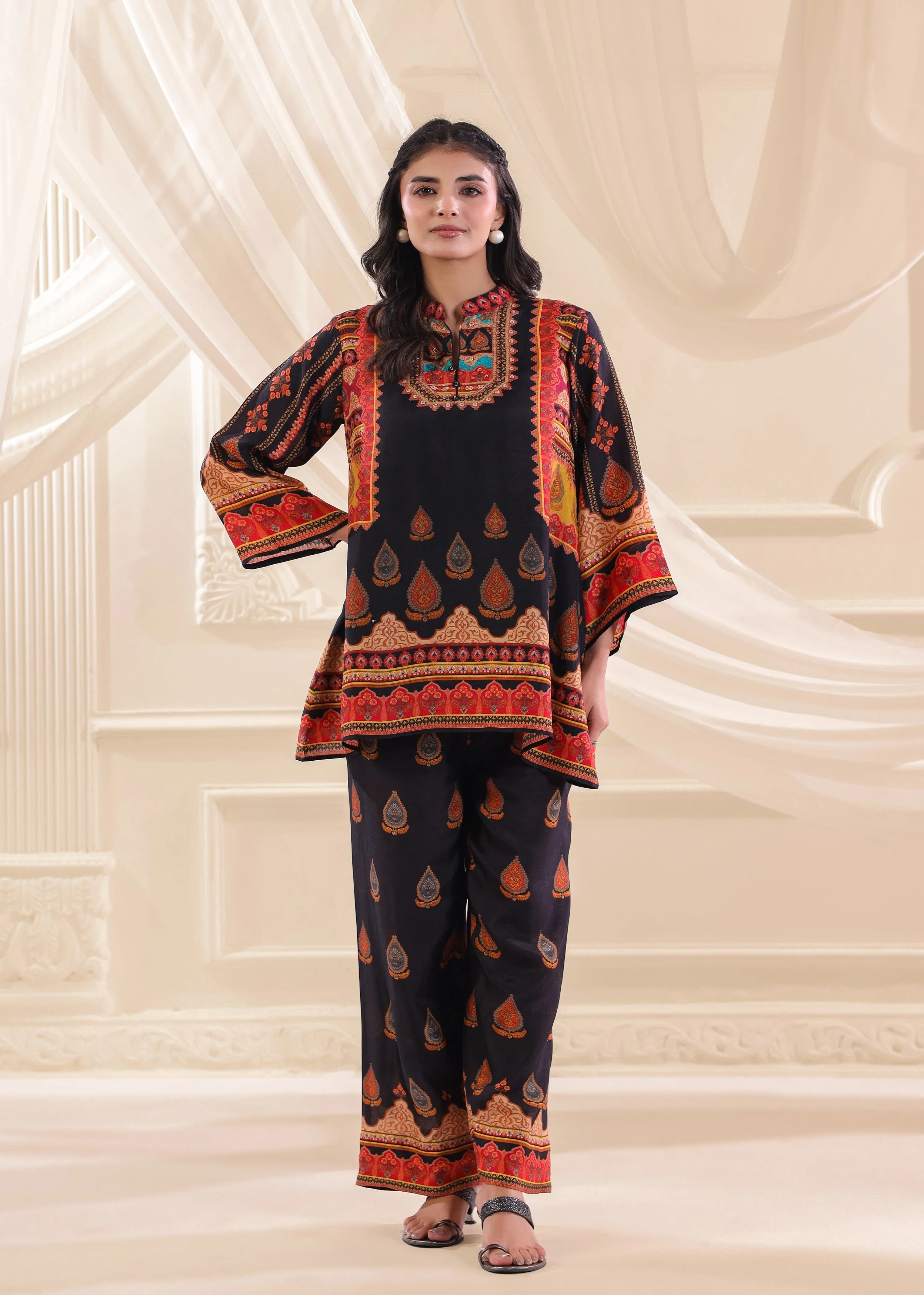 Navy Blue Embellished Dola Silk Co-Ord Set